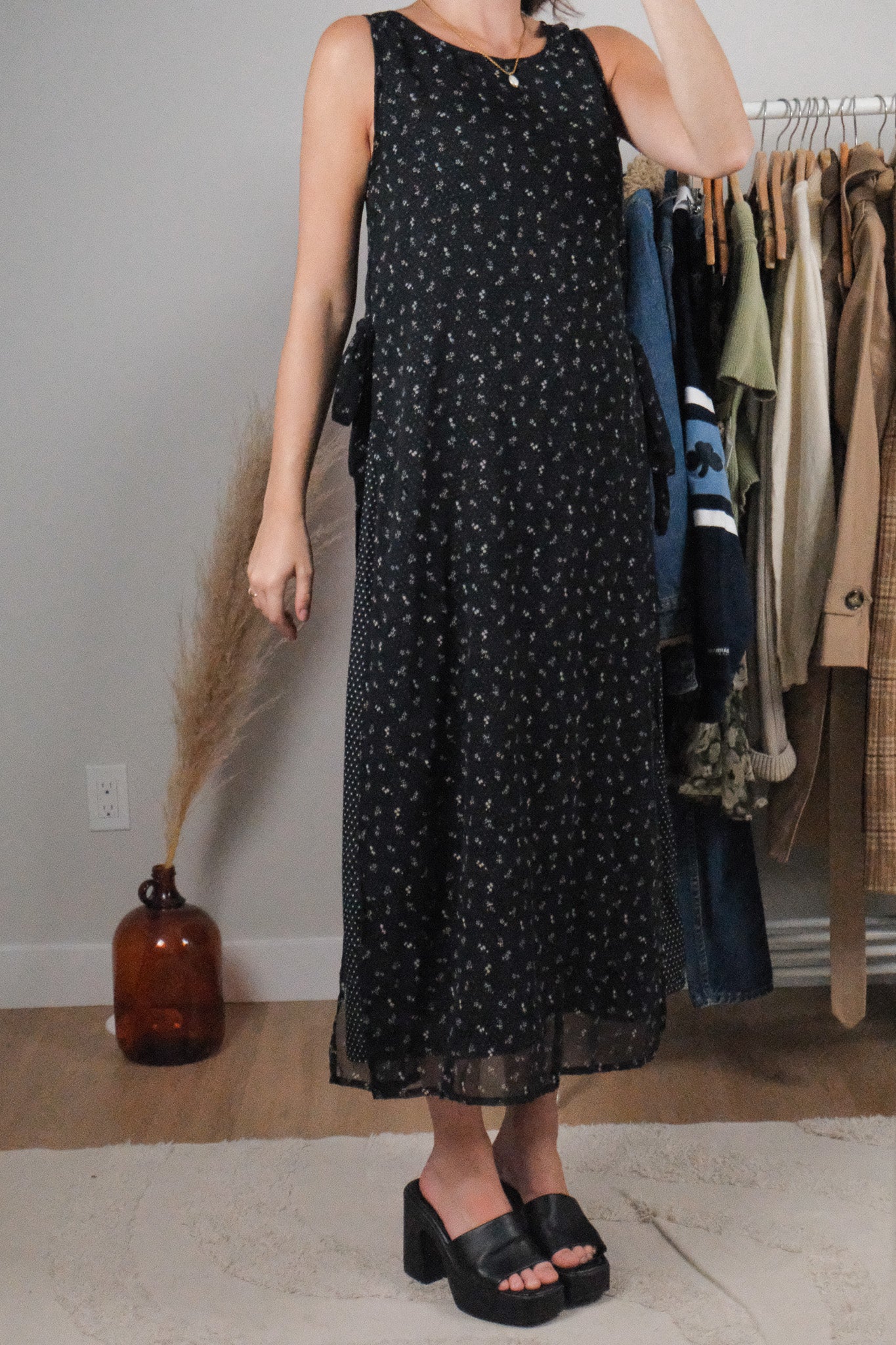 Vintage x Floral & Polka Dot Mesh Side Tie Dress (S)