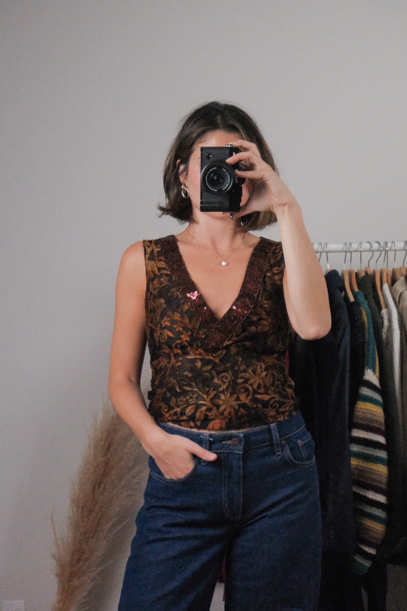 Made in USA x Vintage x Mesh/Velvet/Sequins Tank (M)