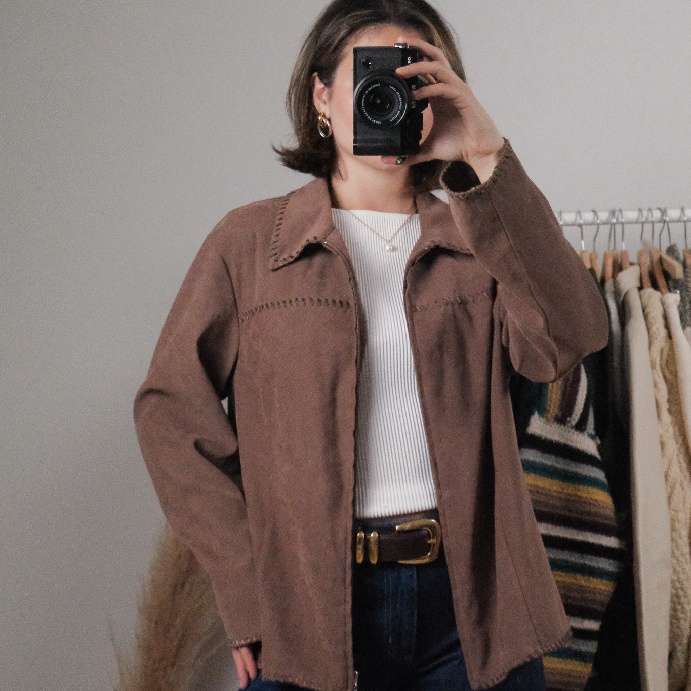Vintage x Faux Suede With Stitching Trim (L)