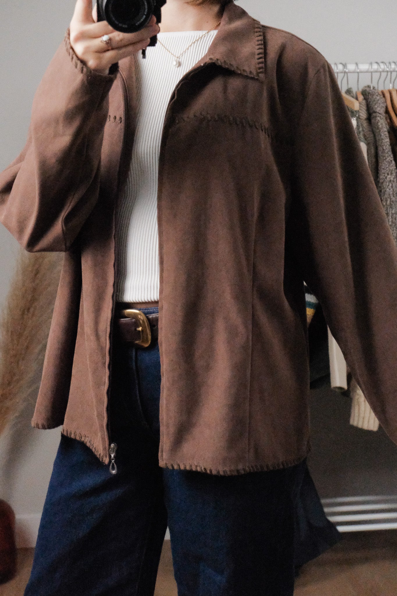 Vintage x Faux Suede With Stitching Trim (L)