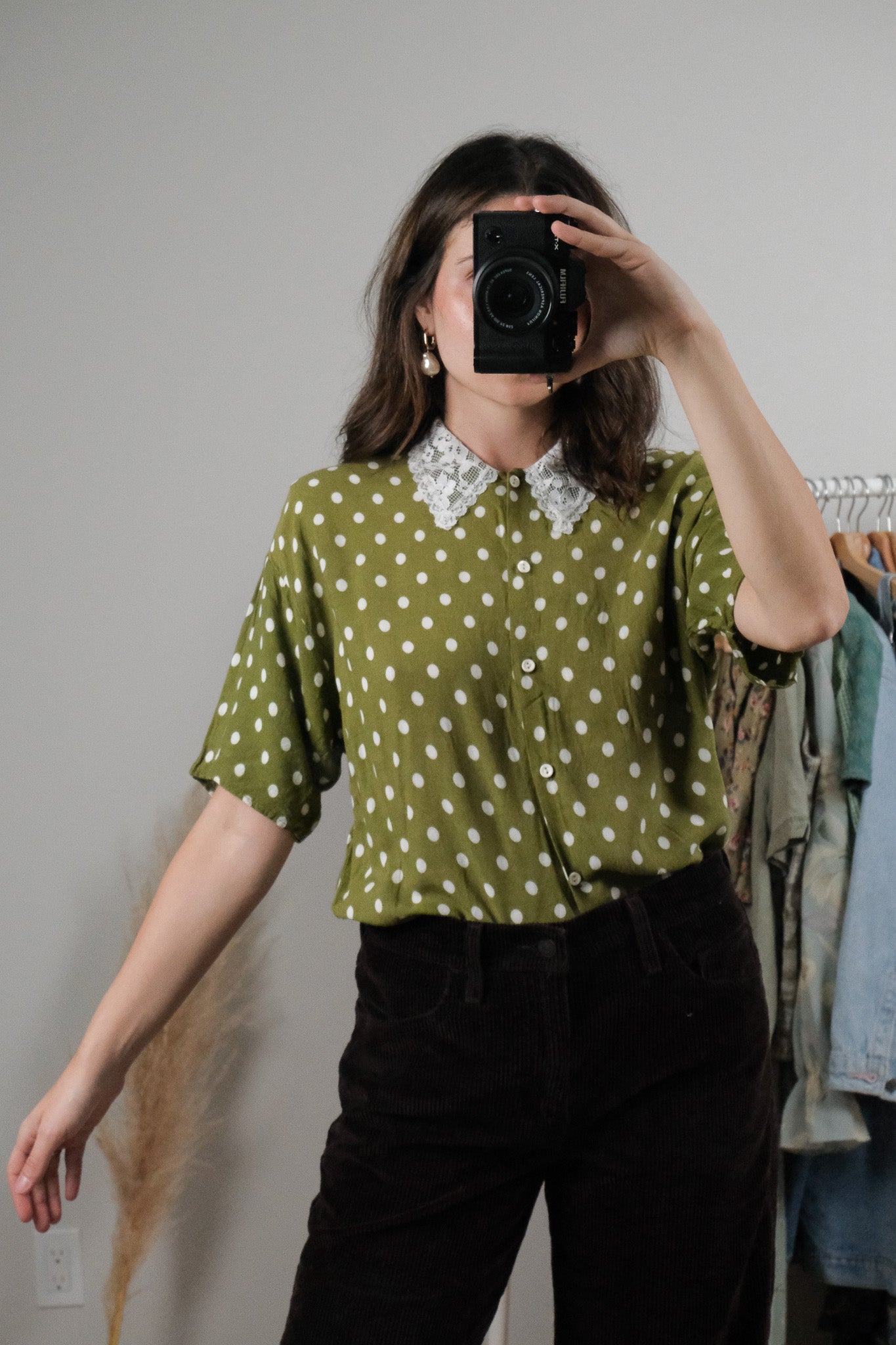 Made in Canada x Vintage x Polka Dot Lace Collar Blouse (M)
