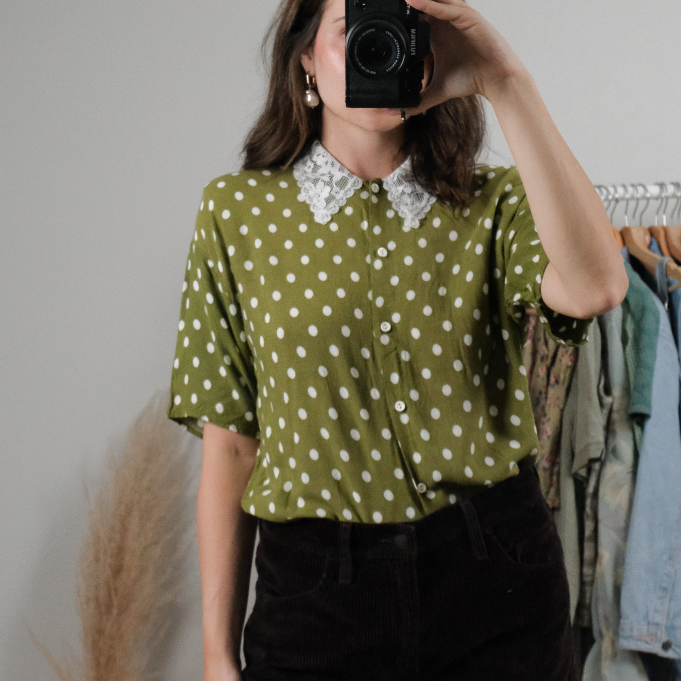 Made in Canada x Vintage x Polka Dot Lace Collar Blouse (M)