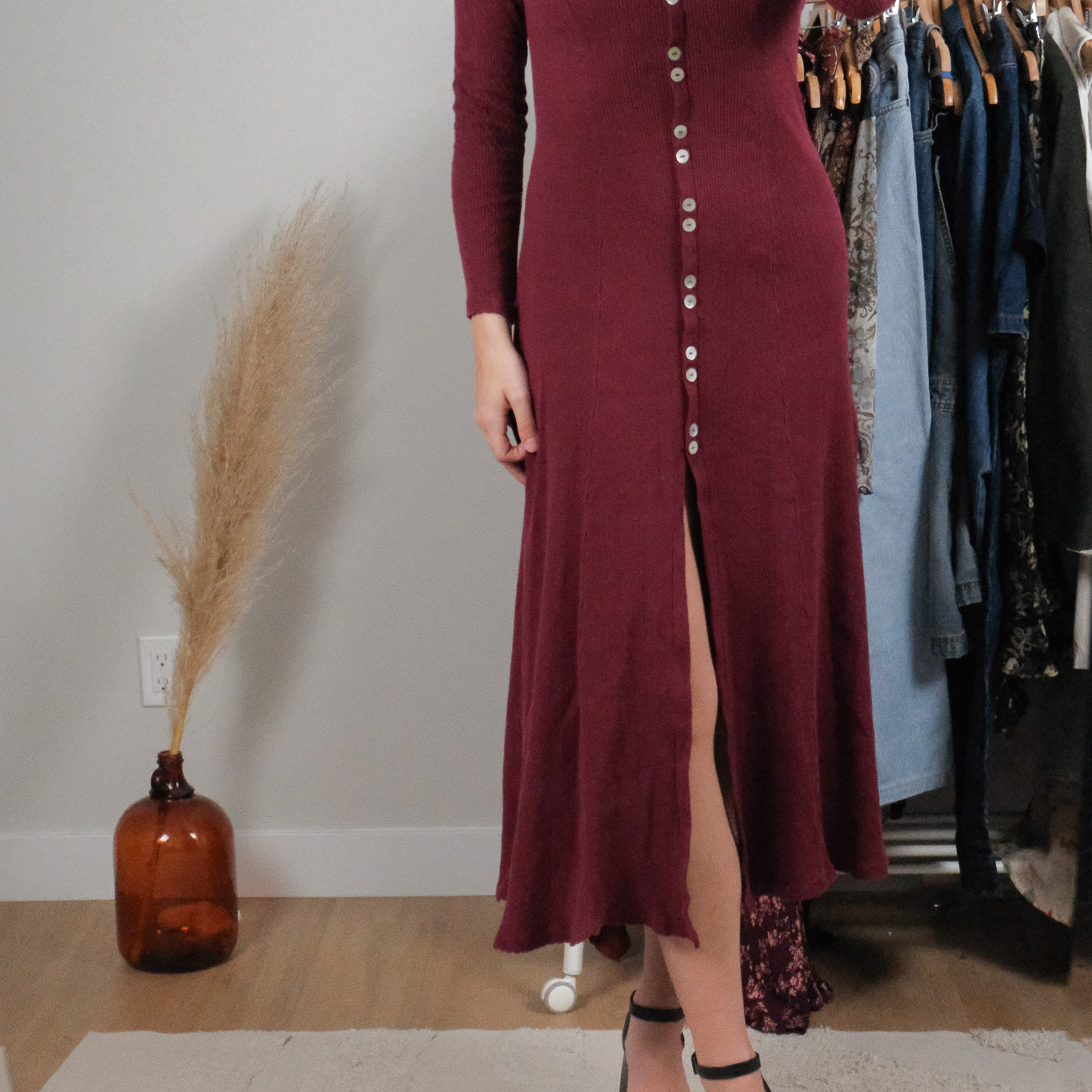 Made in USA x Vintage x Cotton Long-Sleeve Maxi Dress (XS/S)