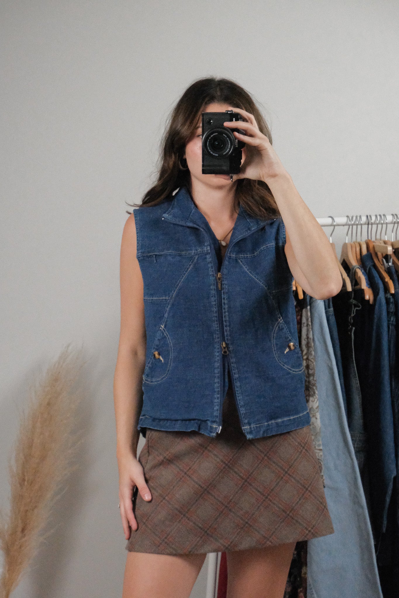Vintage x Double Zipper Denim Vest (M)