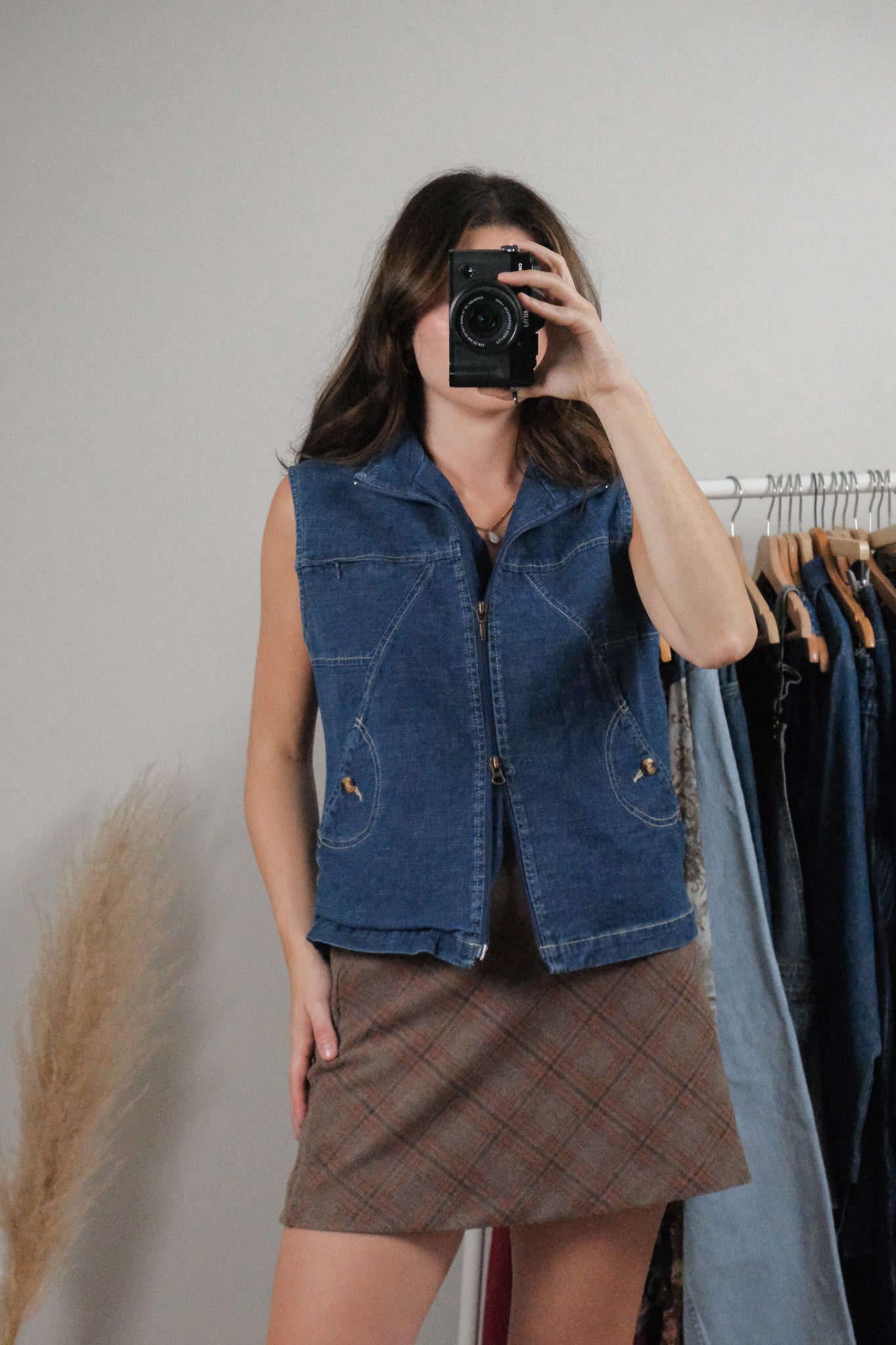 Vintage x Double Zipper Denim Vest (M)