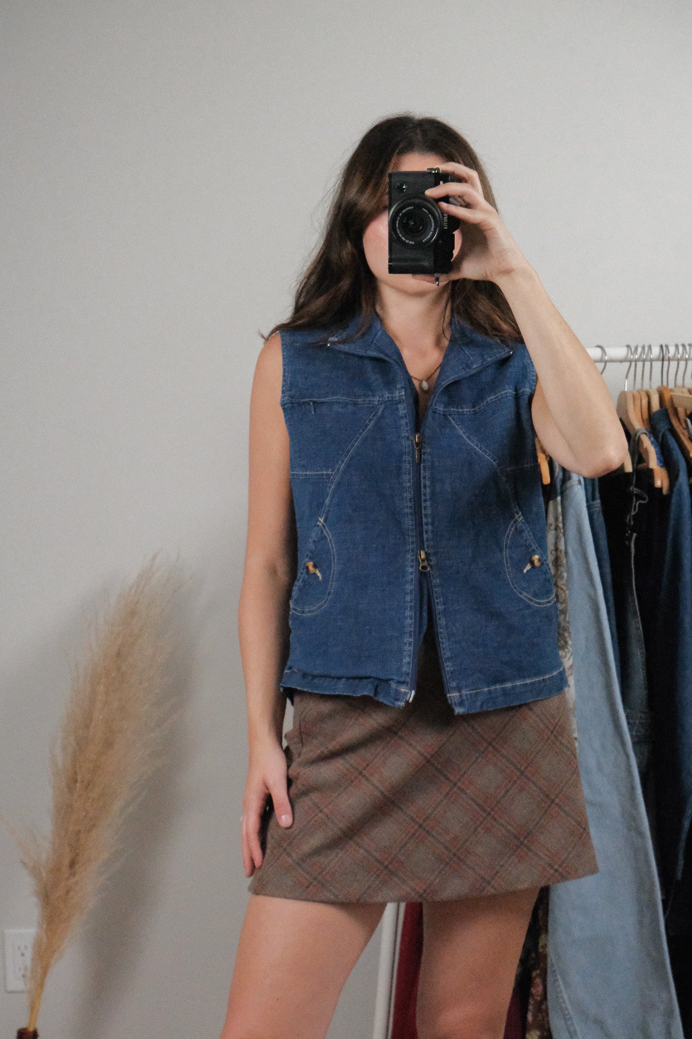 Vintage x Double Zipper Denim Vest (M)