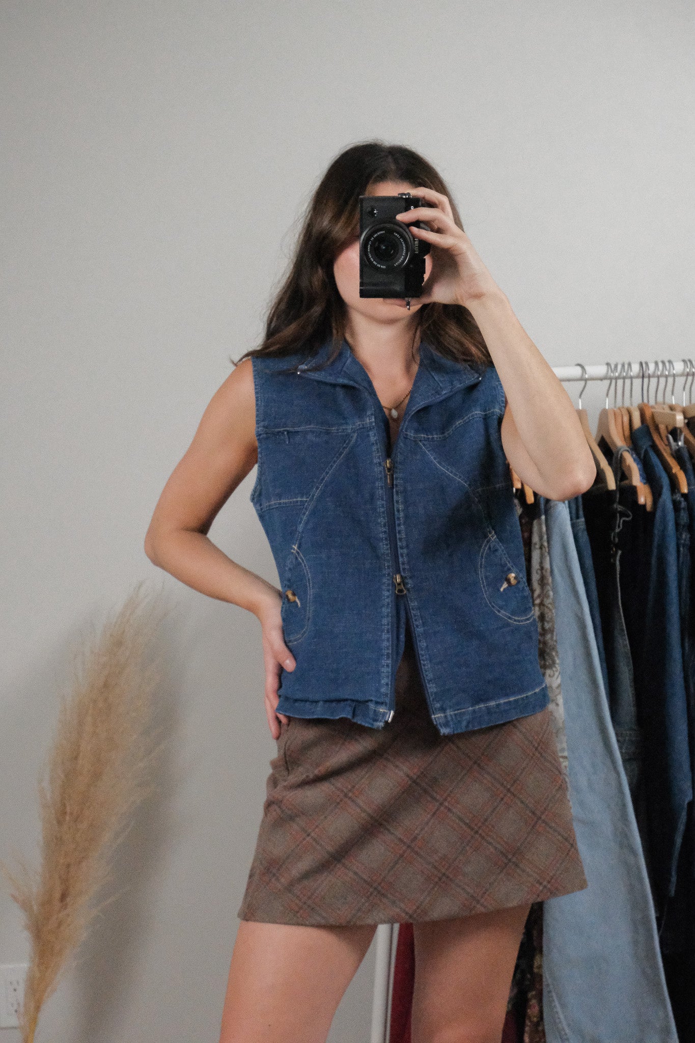 Vintage x Double Zipper Denim Vest (M)