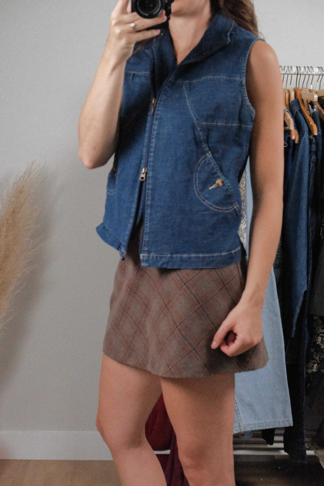 Vintage x Double Zipper Denim Vest (M)