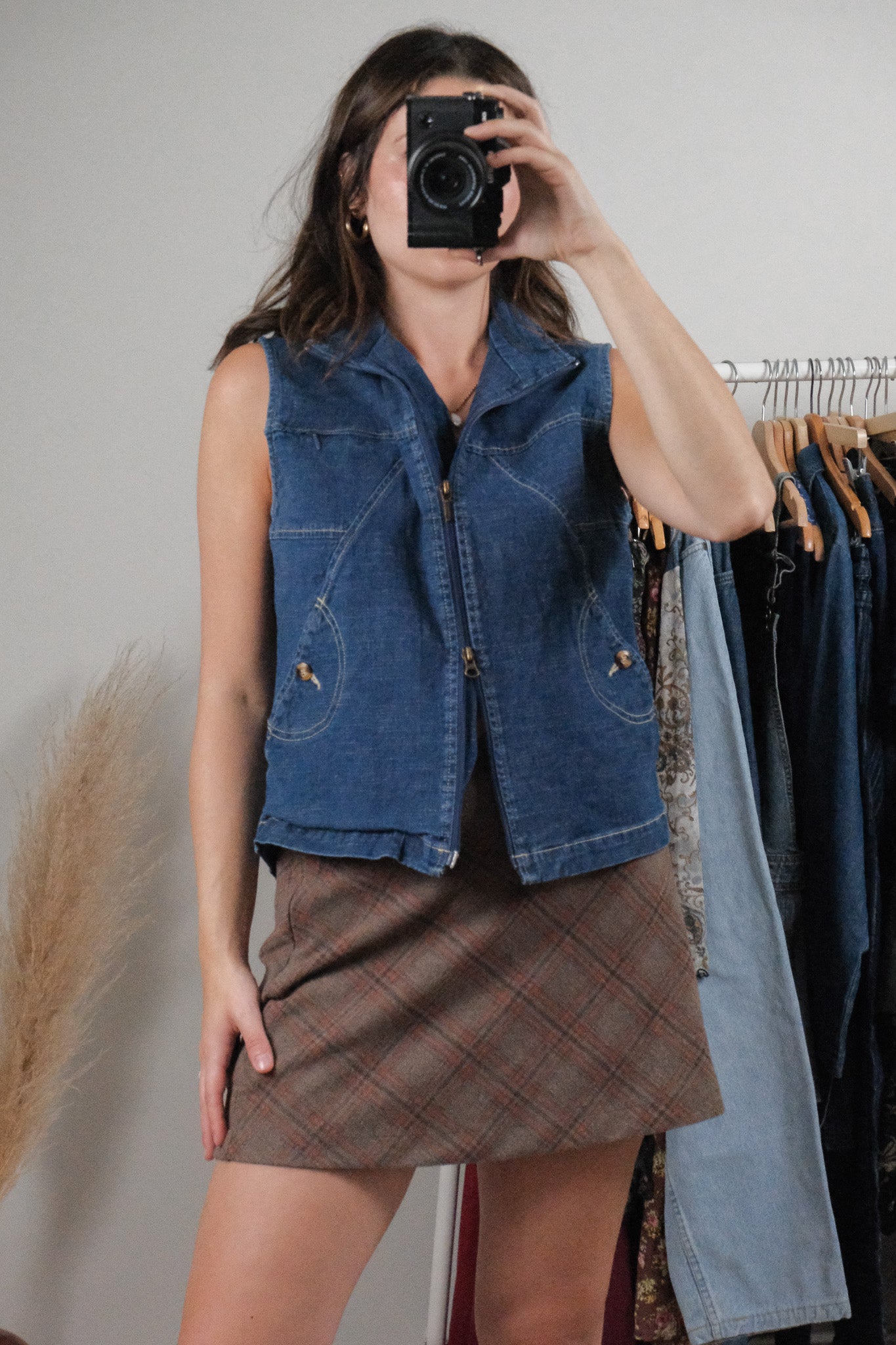 Vintage x Double Zipper Denim Vest (M)