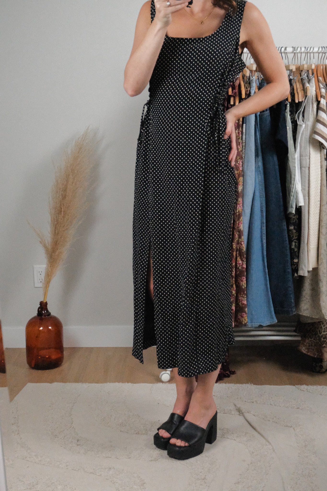 Made in Canada x Vintage x Polka Dot Side Tie Maxi Dress (L)