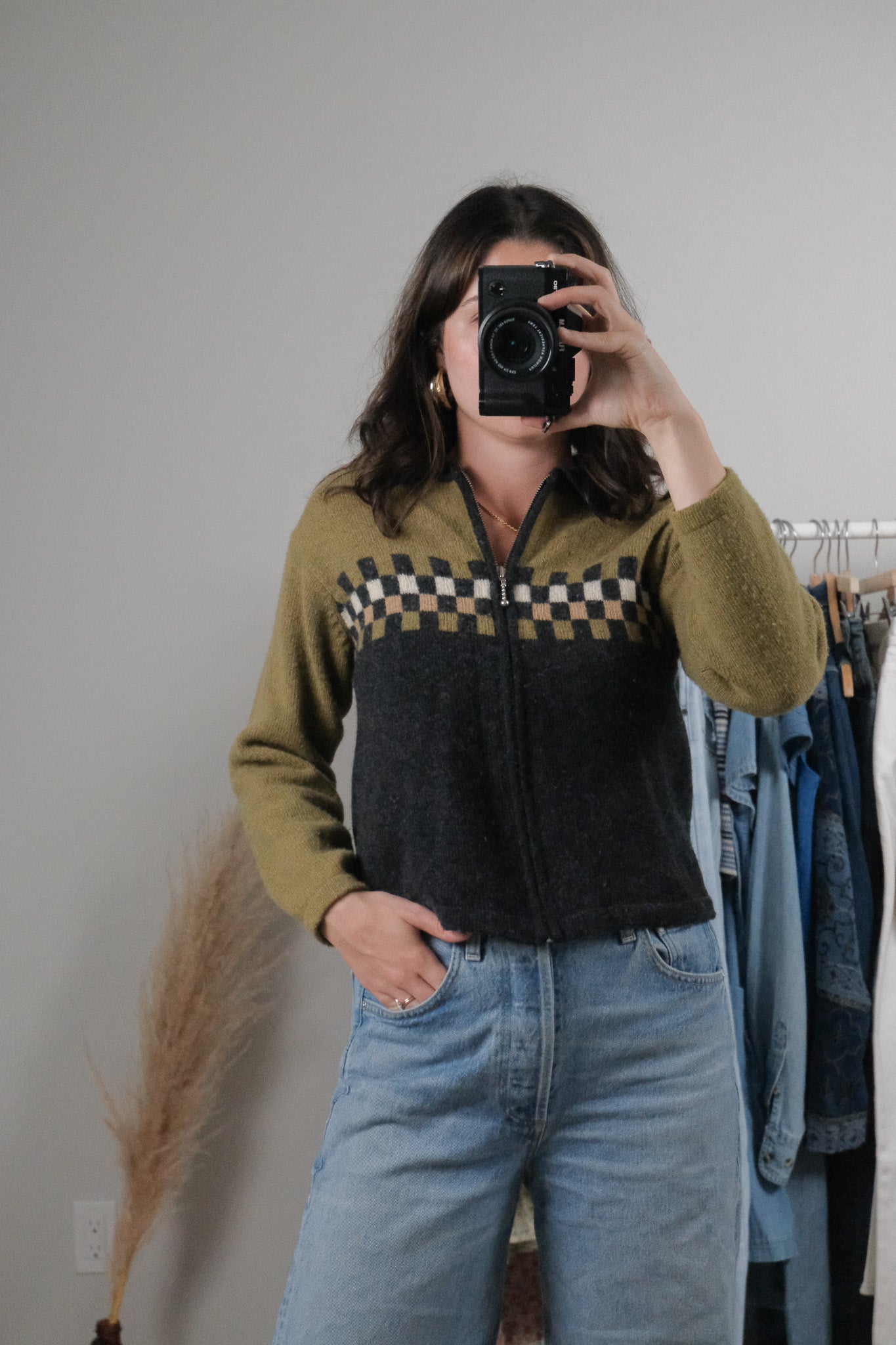 Vintage x Wool Blend Checkered Zip-Up Cardigan (S)