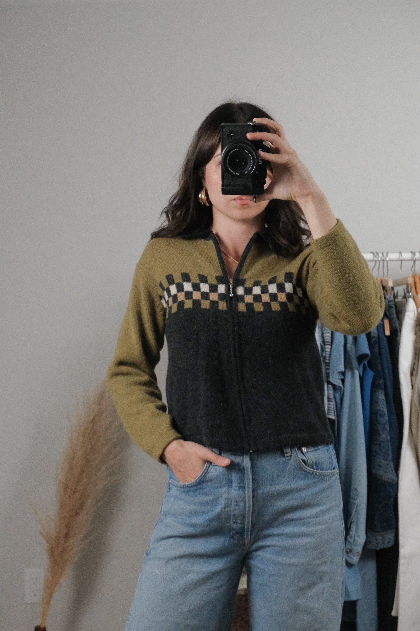 Vintage x Wool Blend Checkered Zip-Up Cardigan (S)
