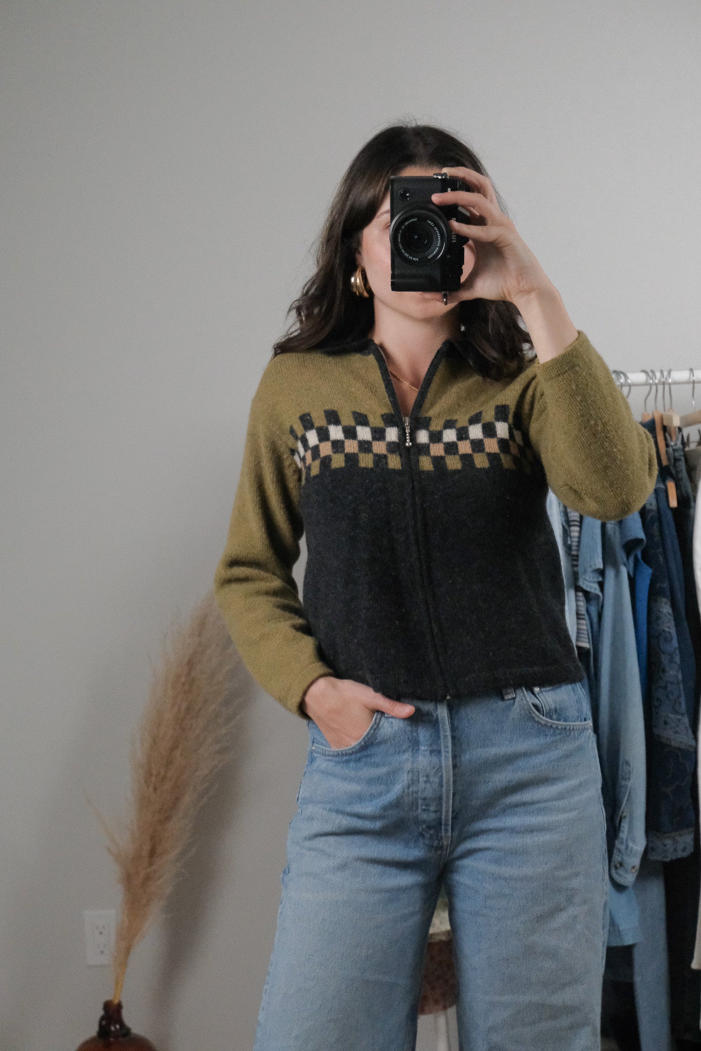 Vintage x Wool Blend Checkered Zip-Up Cardigan (S)