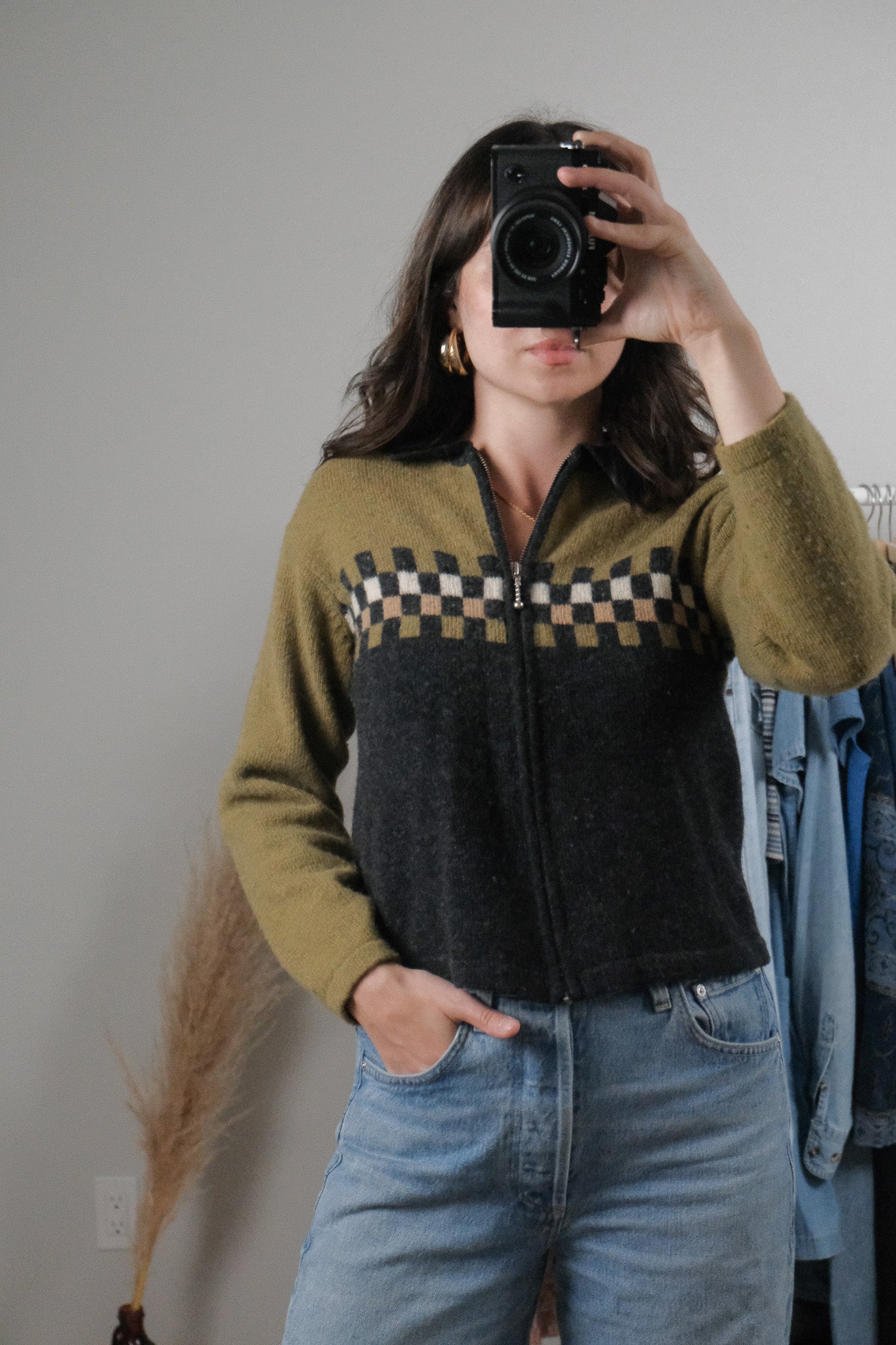 Vintage x Wool Blend Checkered Zip-Up Cardigan (S)