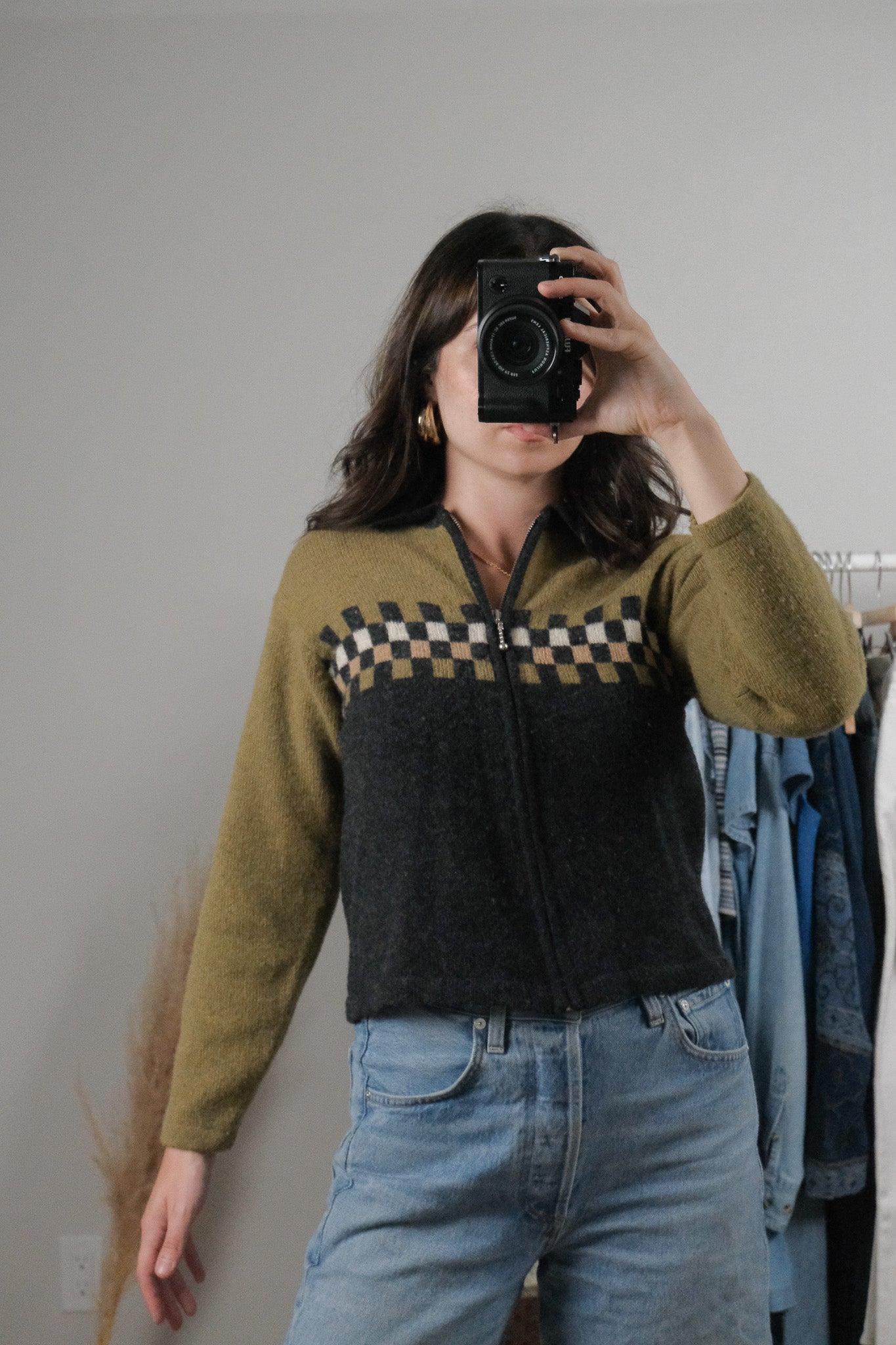 Vintage x Wool Blend Checkered Zip-Up Cardigan (S)