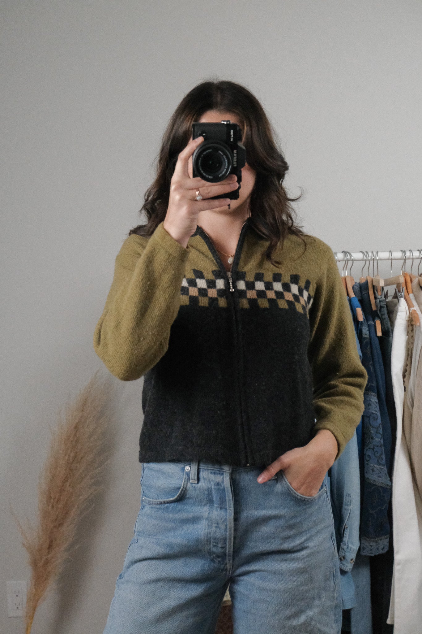 Vintage x Wool Blend Checkered Zip-Up Cardigan (S)