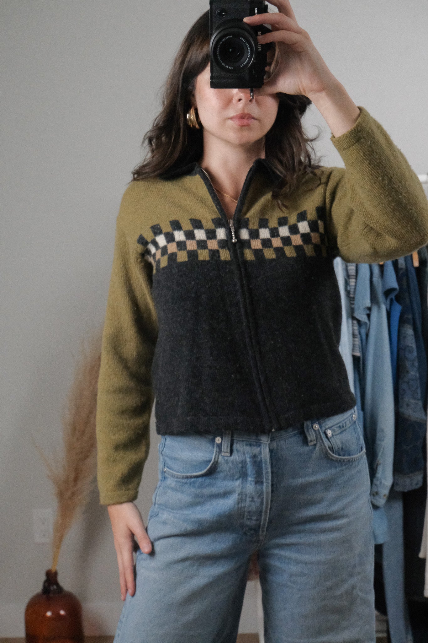 Vintage x Wool Blend Checkered Zip-Up Cardigan (S)