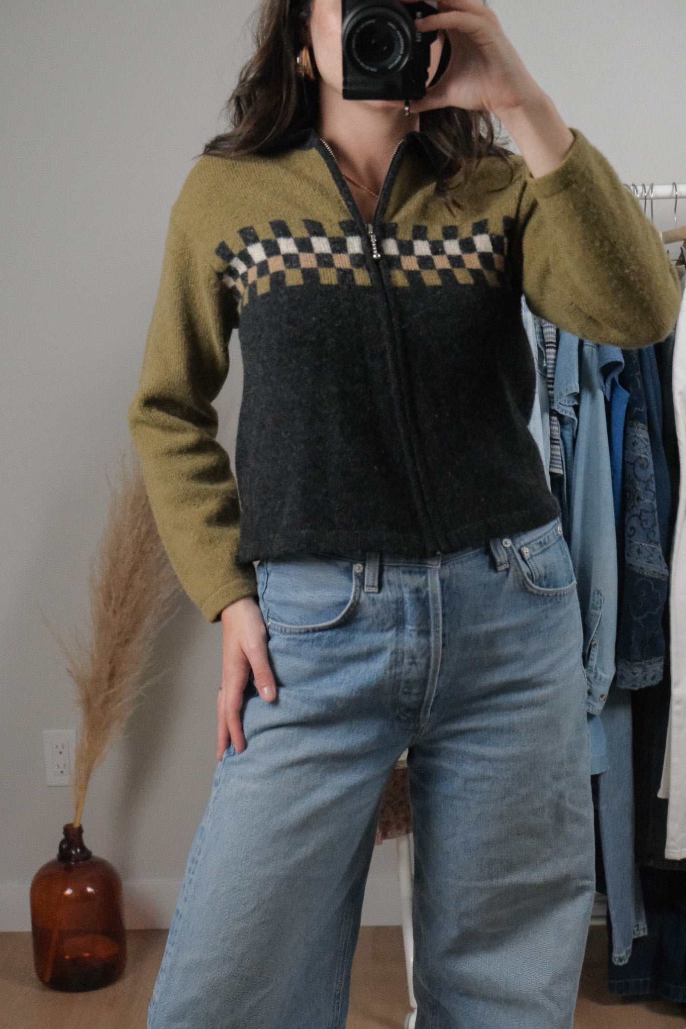 Vintage x Wool Blend Checkered Zip-Up Cardigan (S)