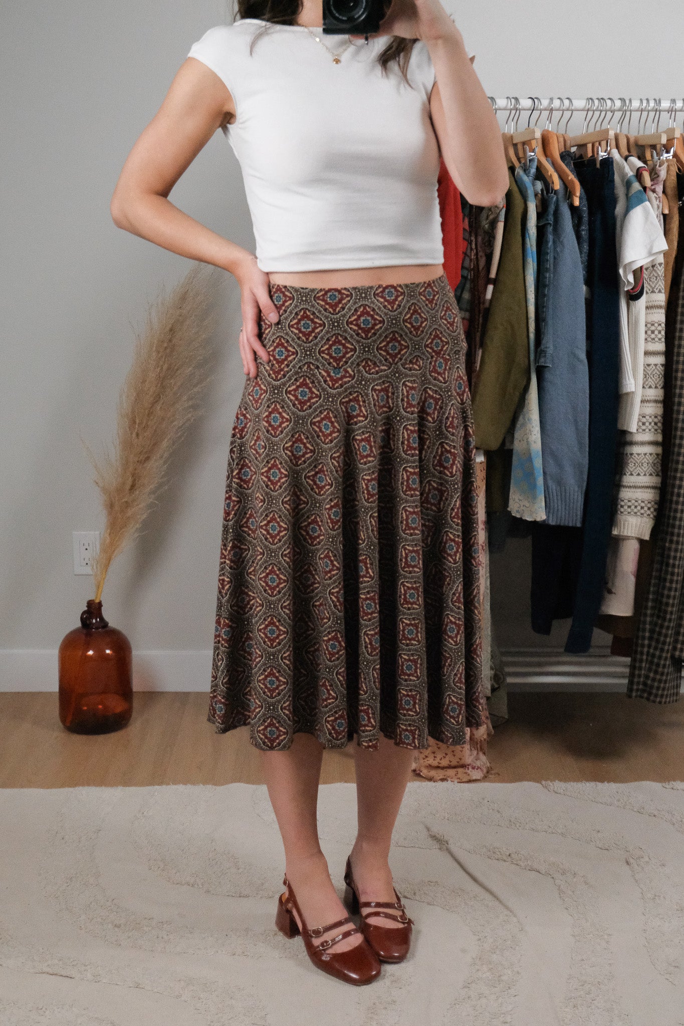 Vintage x Patterned Midi Skirt (M)