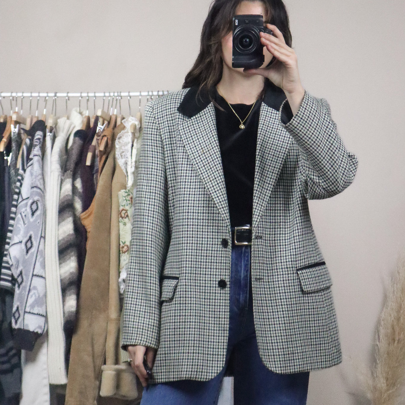 Made in Canada x Vintage x Houndstooth Suede Collar Blazer (M)
