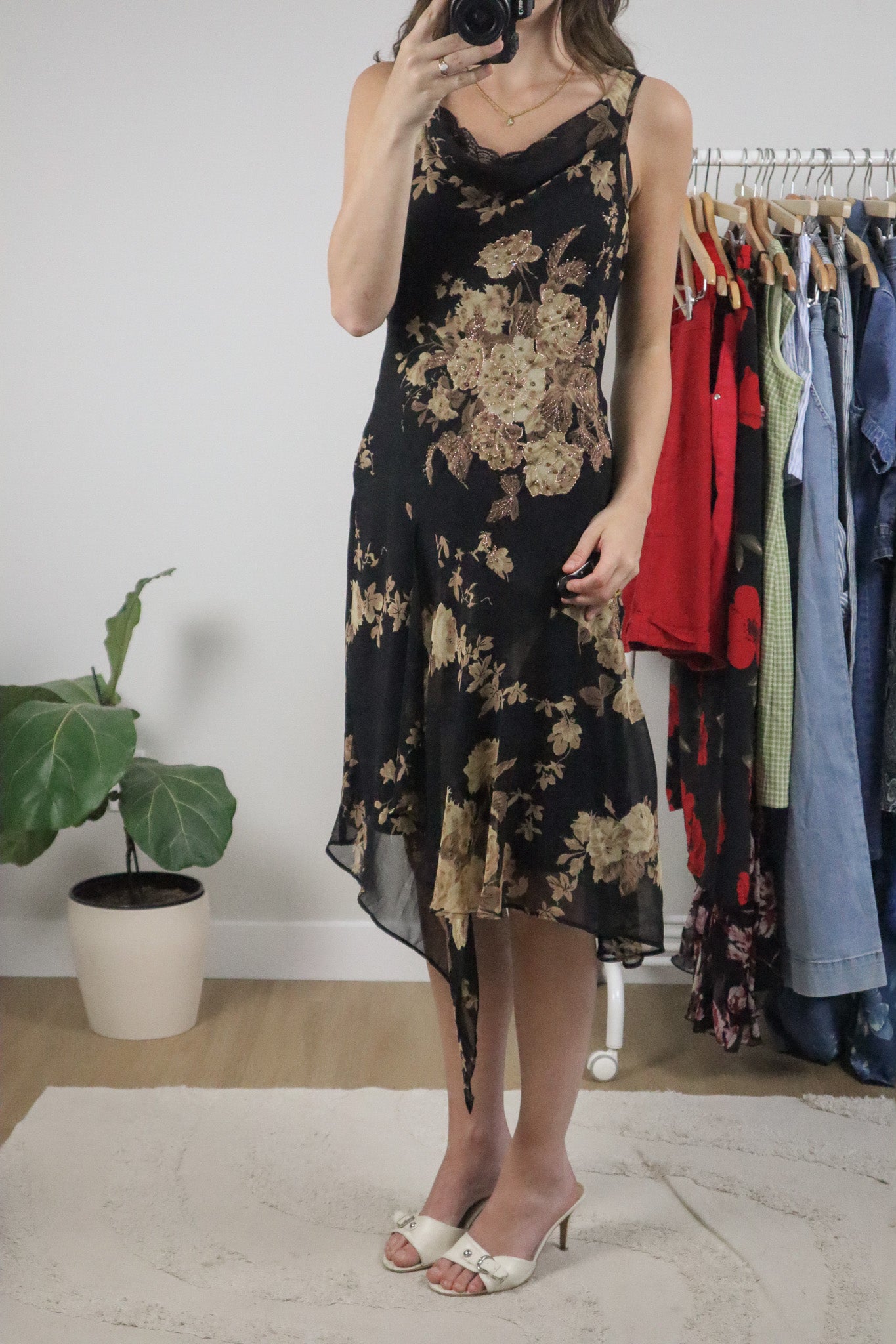 Vintage x Beaded Cowl Neck Lace Trim Midi Dress (S)