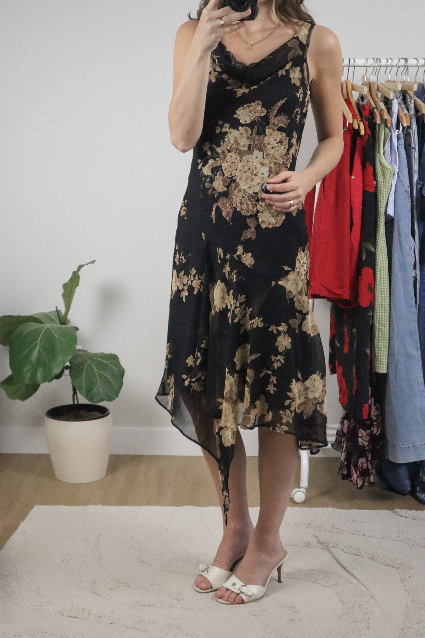 Vintage x Beaded Cowl Neck Lace Trim Midi Dress (S)