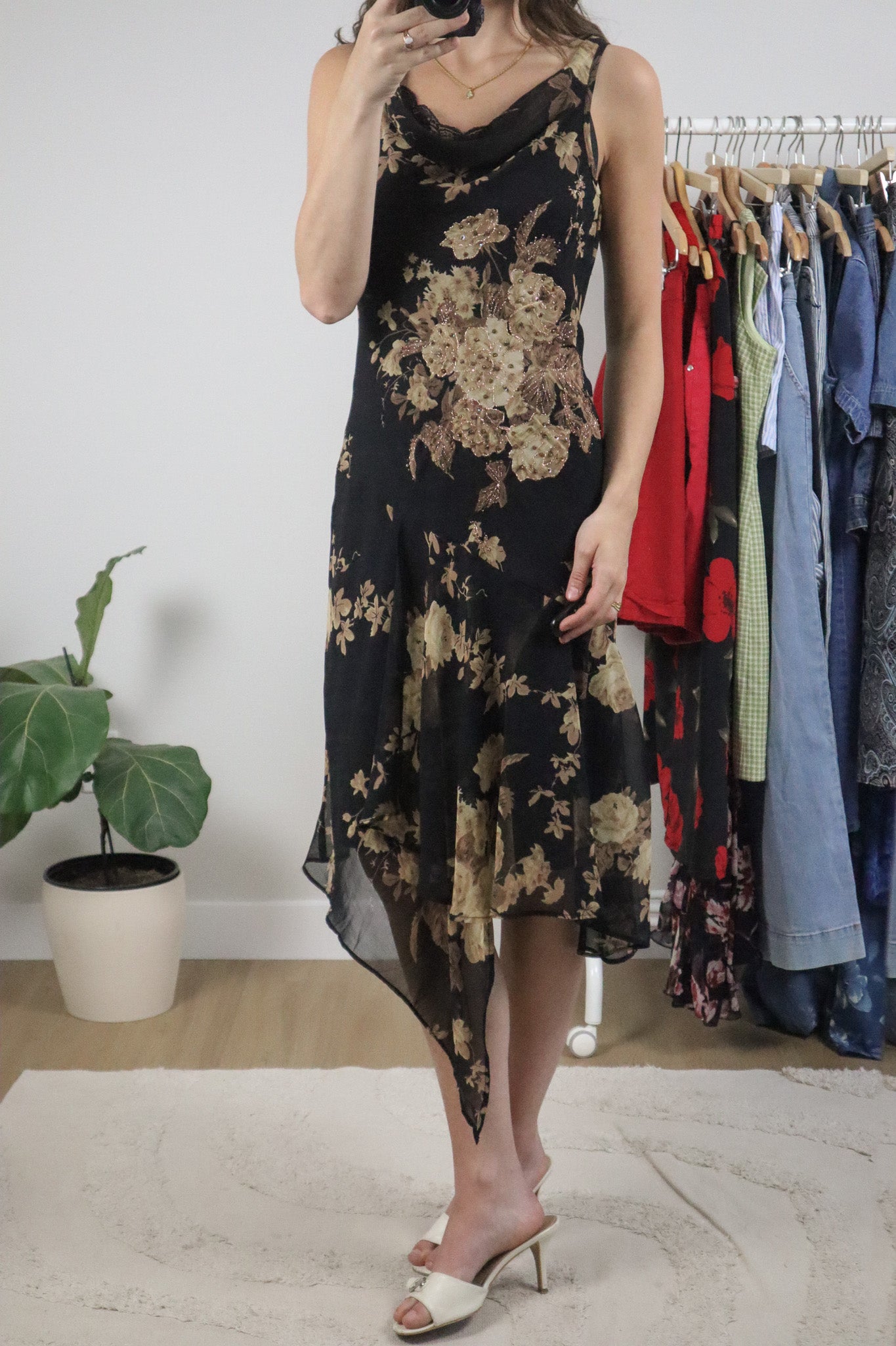 Vintage x Beaded Cowl Neck Lace Trim Midi Dress (S)