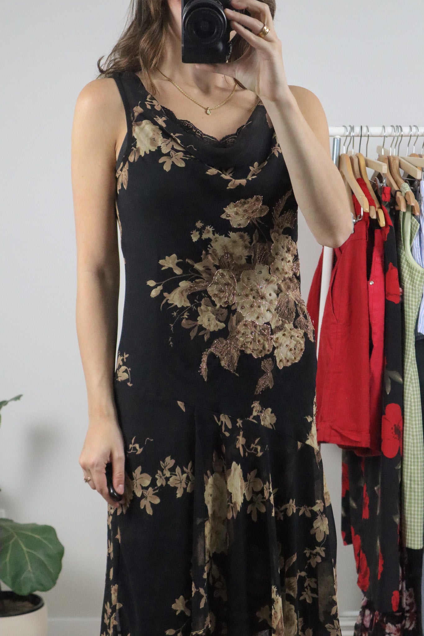 Vintage x Beaded Cowl Neck Lace Trim Midi Dress (S)