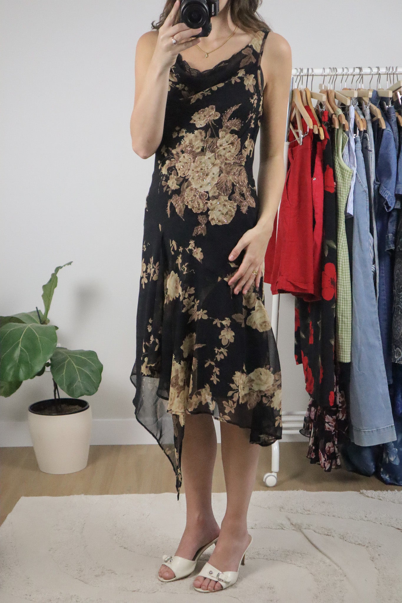 Vintage x Beaded Cowl Neck Lace Trim Midi Dress (S)