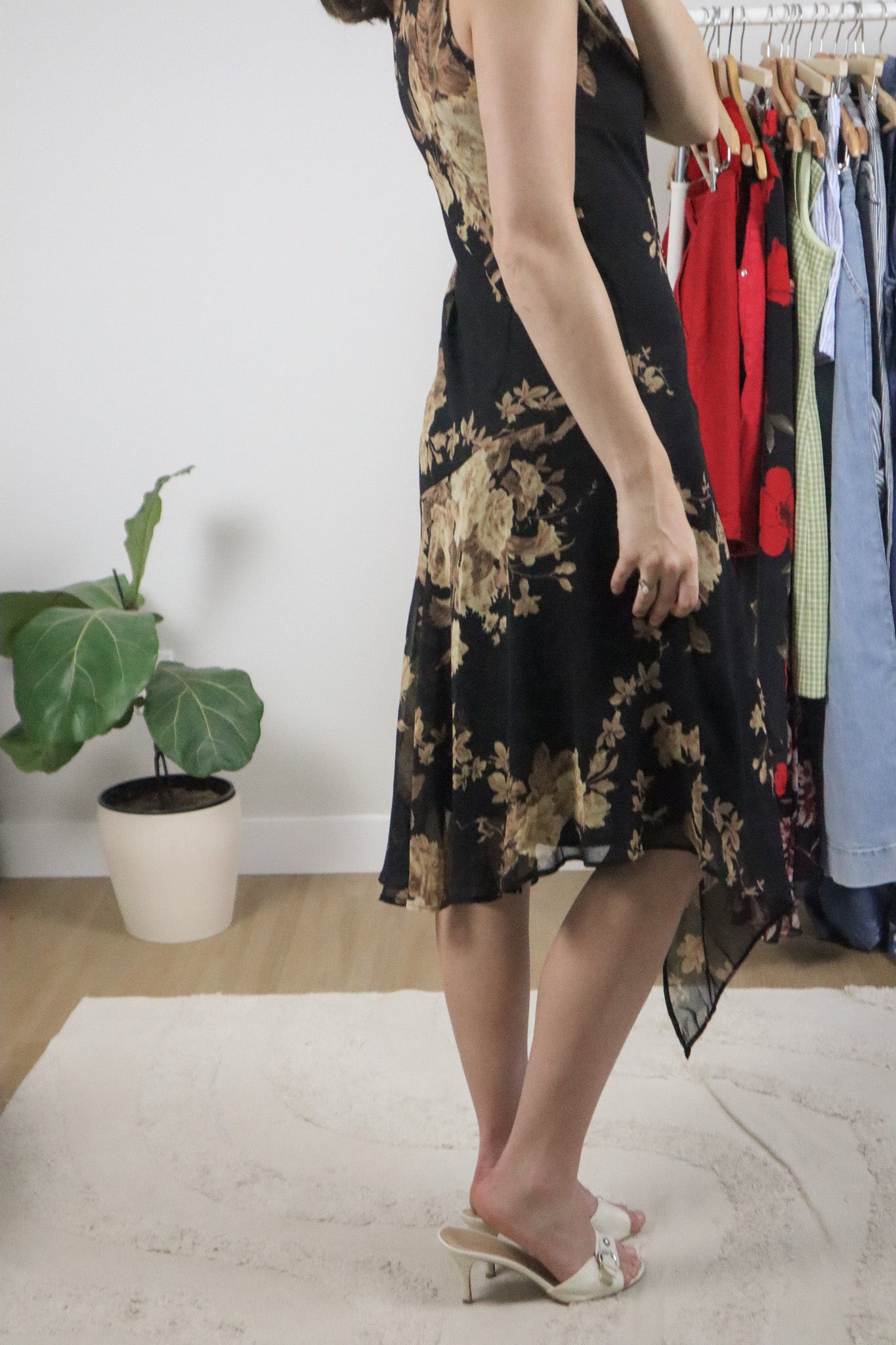 Vintage x Beaded Cowl Neck Lace Trim Midi Dress (S)