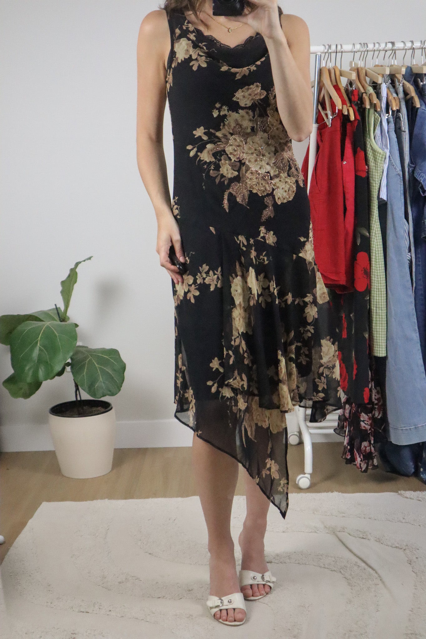 Vintage x Beaded Cowl Neck Lace Trim Midi Dress (S)