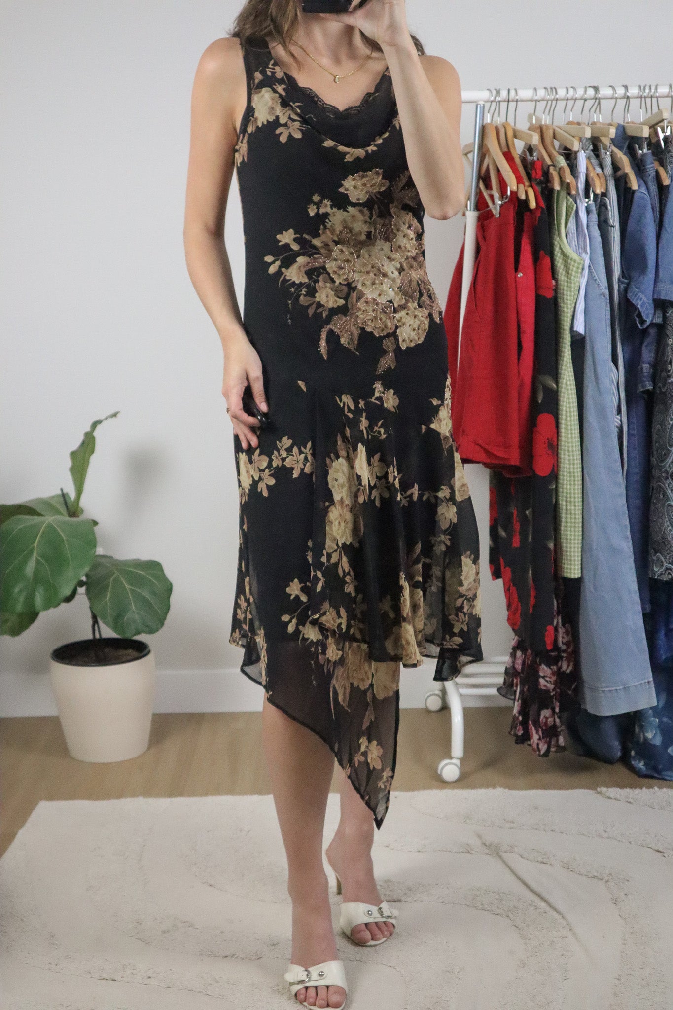 Vintage x Beaded Cowl Neck Lace Trim Midi Dress (S)