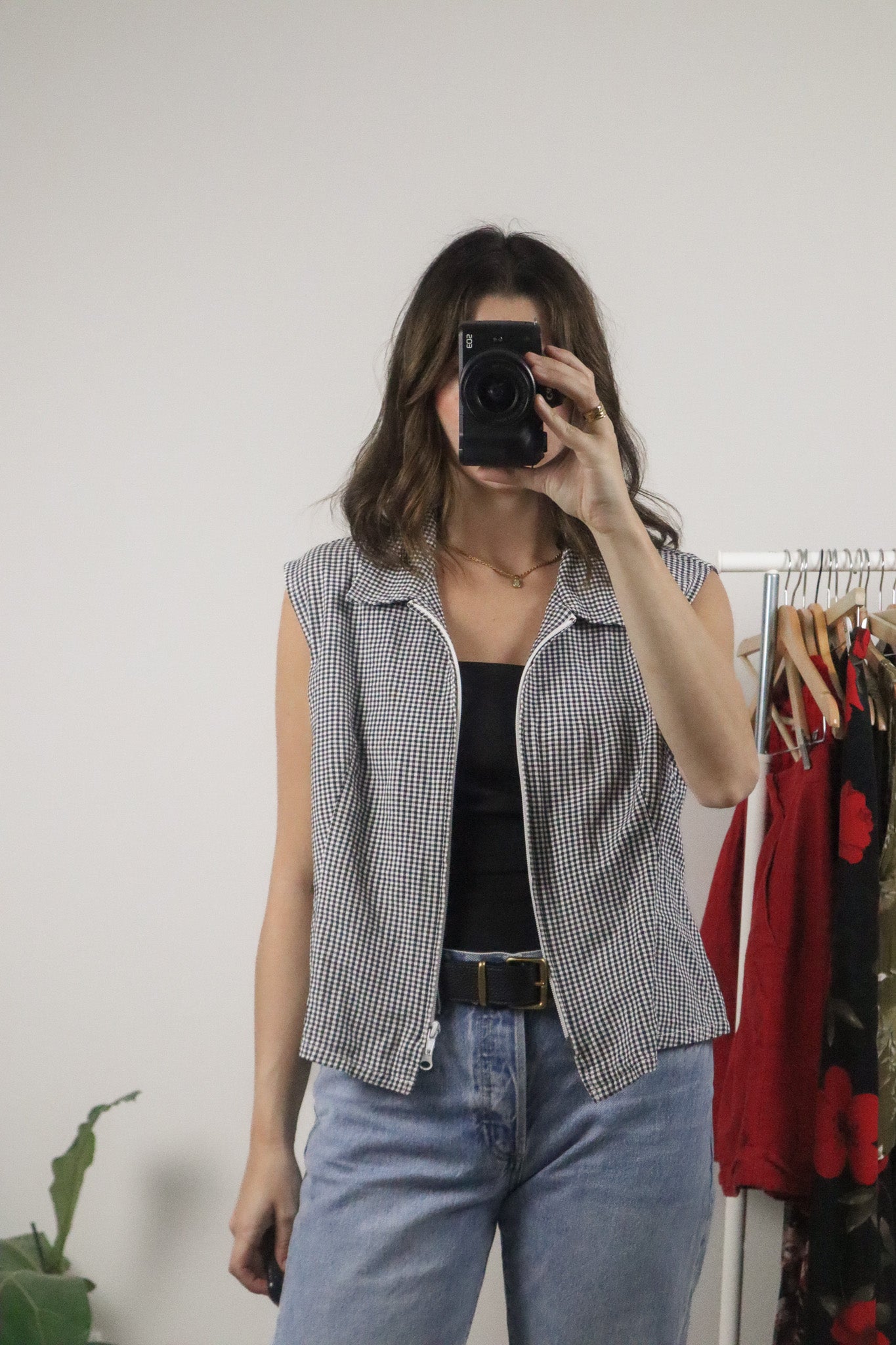 Vintage x Gingham x Zip Up Top (L)