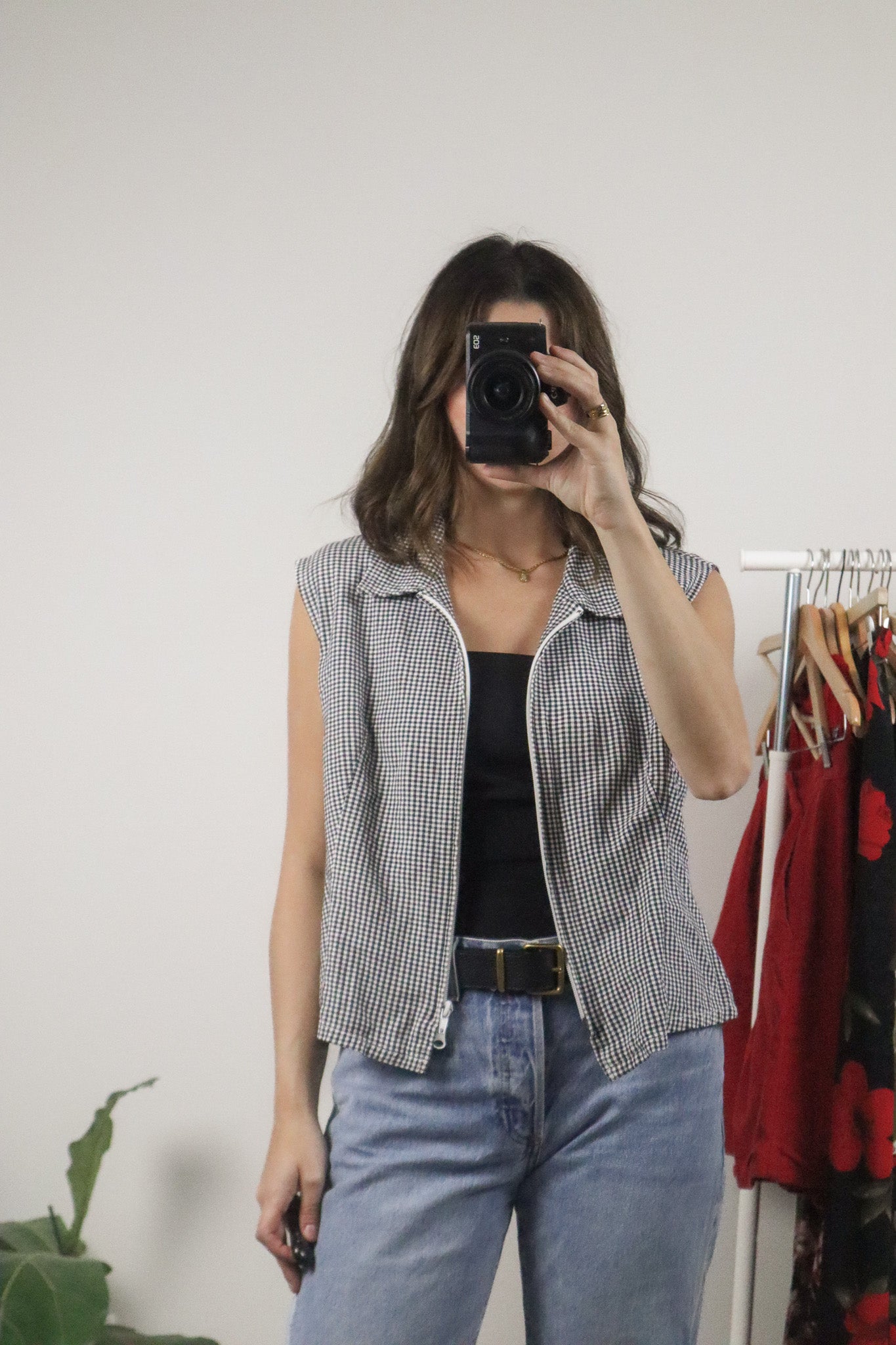 Vintage x Gingham x Zip Up Top (L)