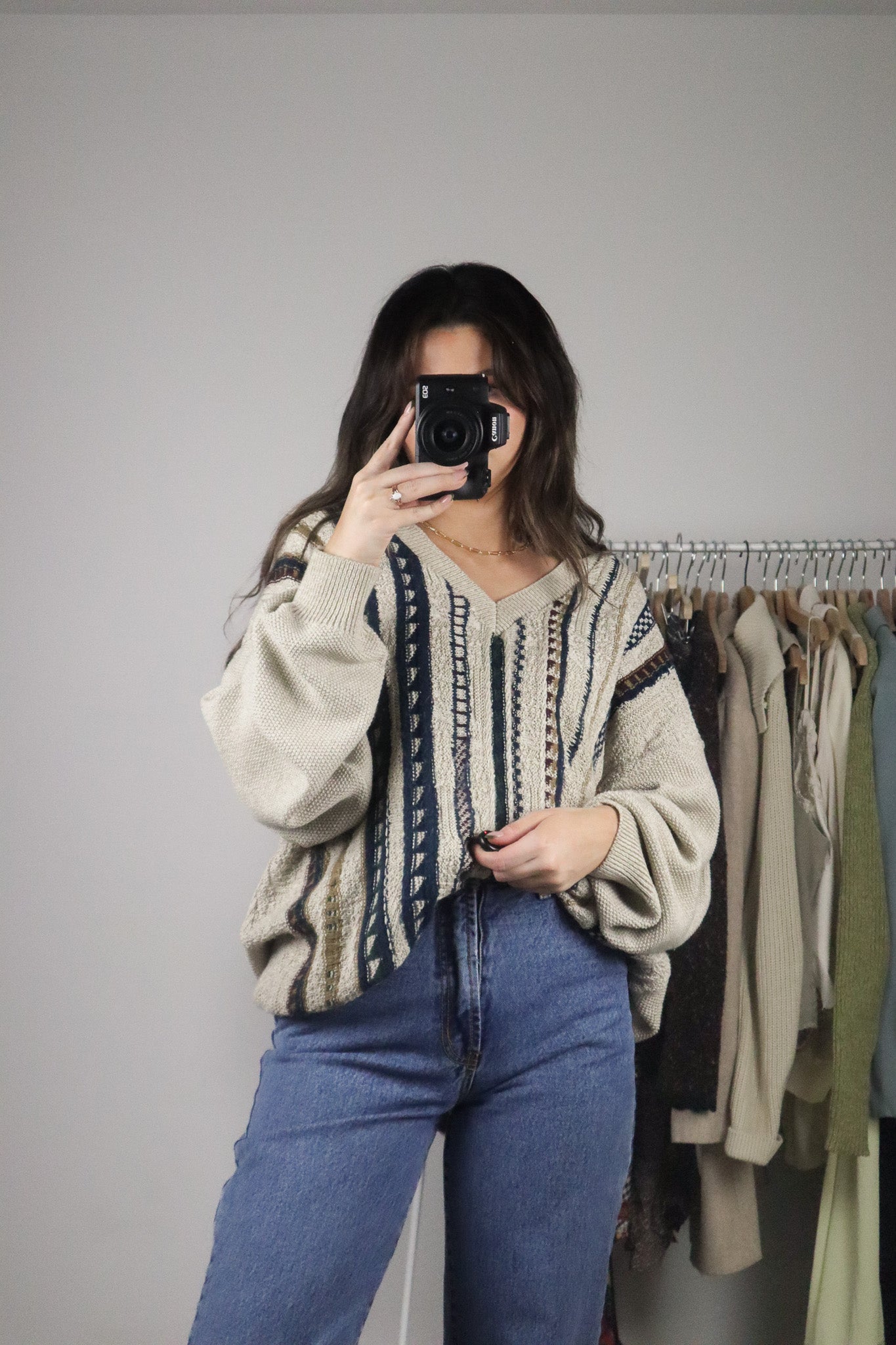 Vintage x Patterned V-Neck Sweater (L/XL)