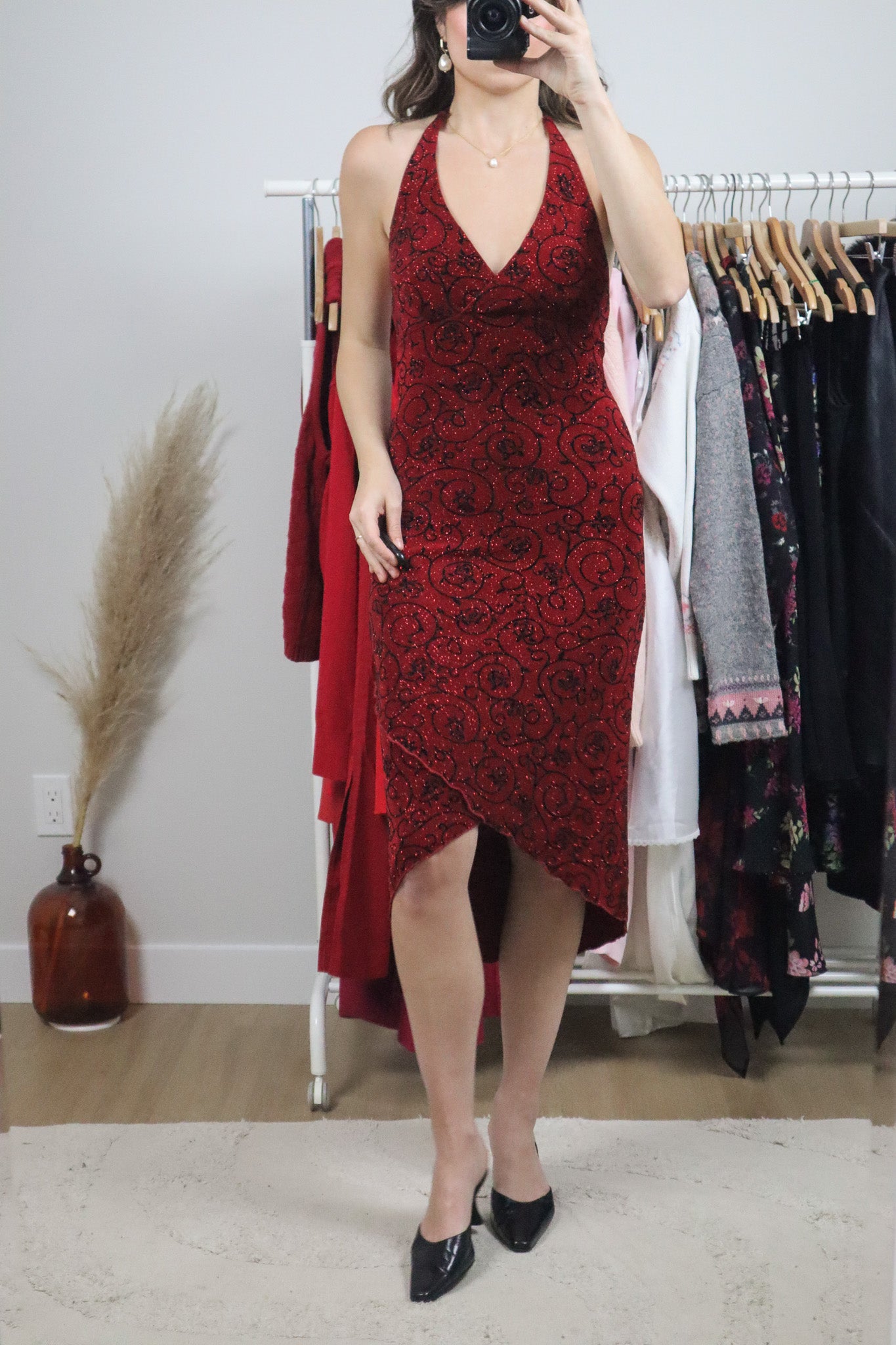 Made in USA x Vintage x Halter Glitter Rose Dress (S)