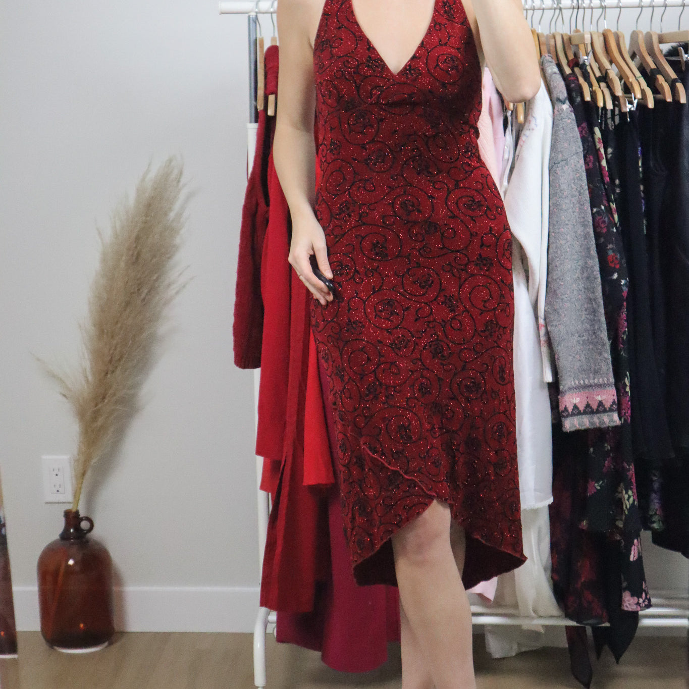 Made in USA x Vintage x Halter Glitter Rose Dress (S)