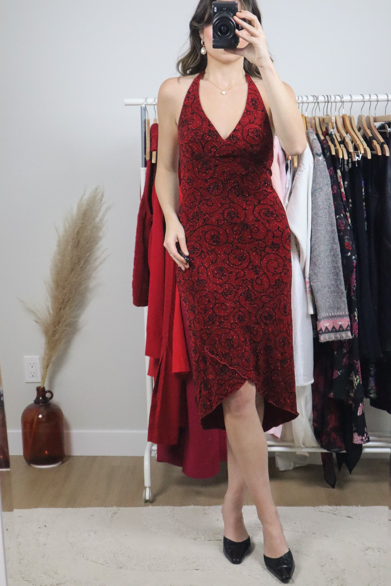 Made in USA x Vintage x Halter Glitter Rose Dress (S)