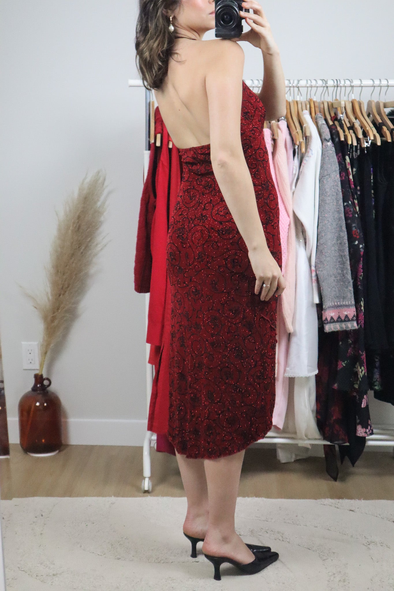 Made in USA x Vintage x Halter Glitter Rose Dress (S)