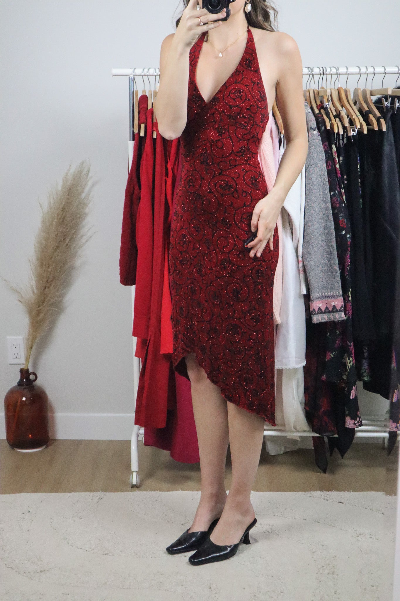 Made in USA x Vintage x Halter Glitter Rose Dress (S)