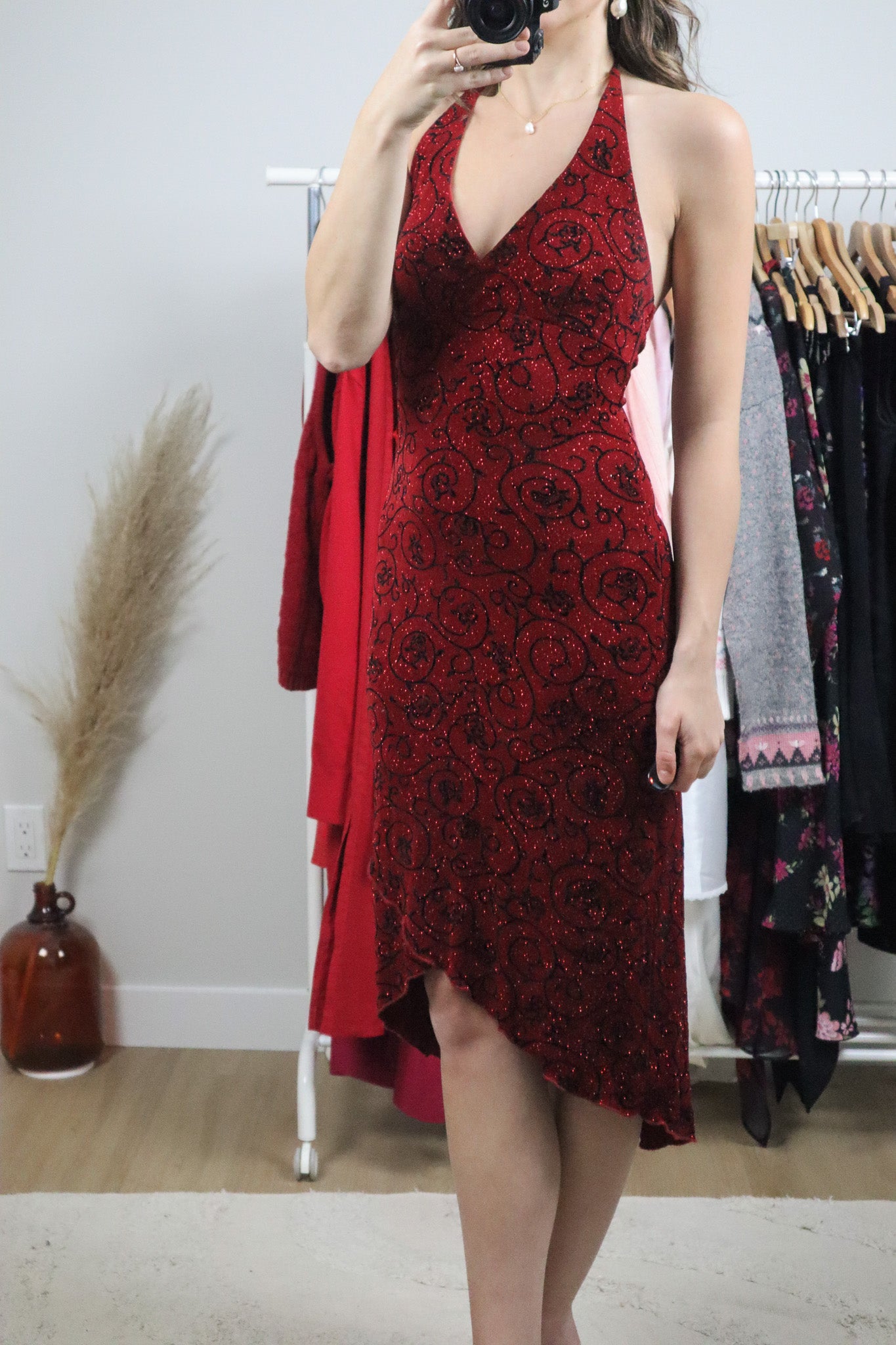 Made in USA x Vintage x Halter Glitter Rose Dress (S)