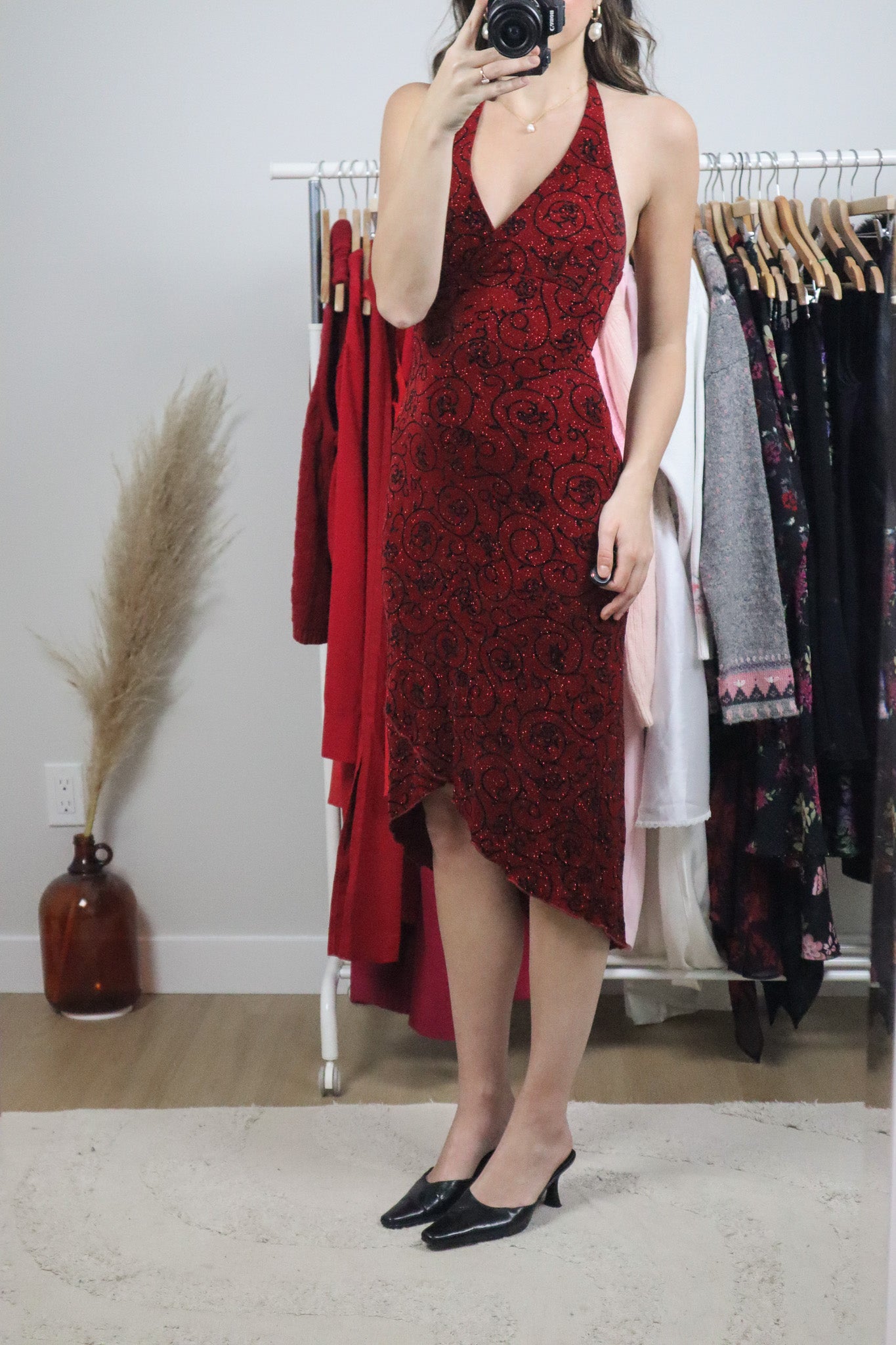 Made in USA x Vintage x Halter Glitter Rose Dress (S)