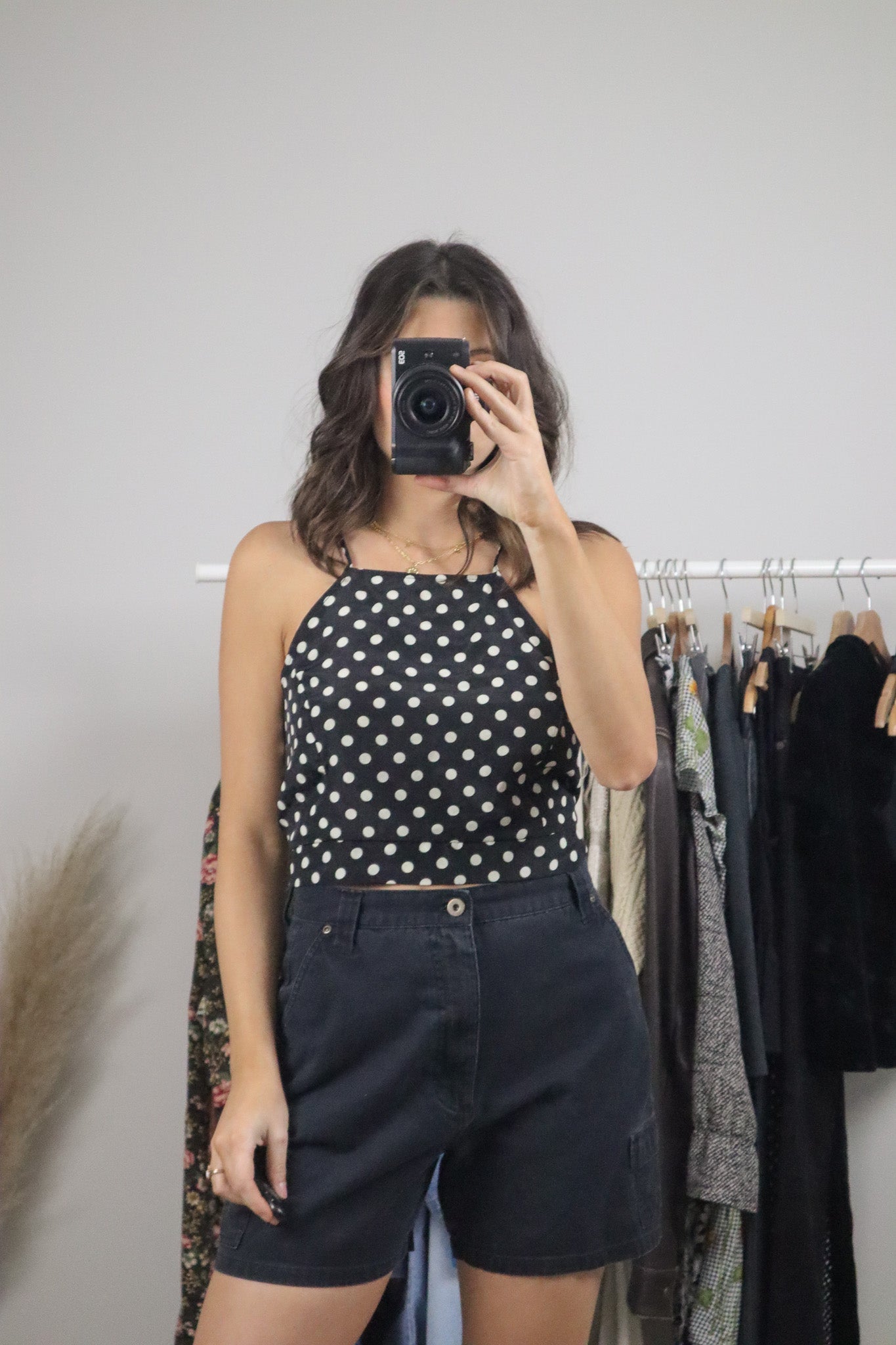 Made in USA x Vintage x Cropped Polkadot Open Back Tank (M)