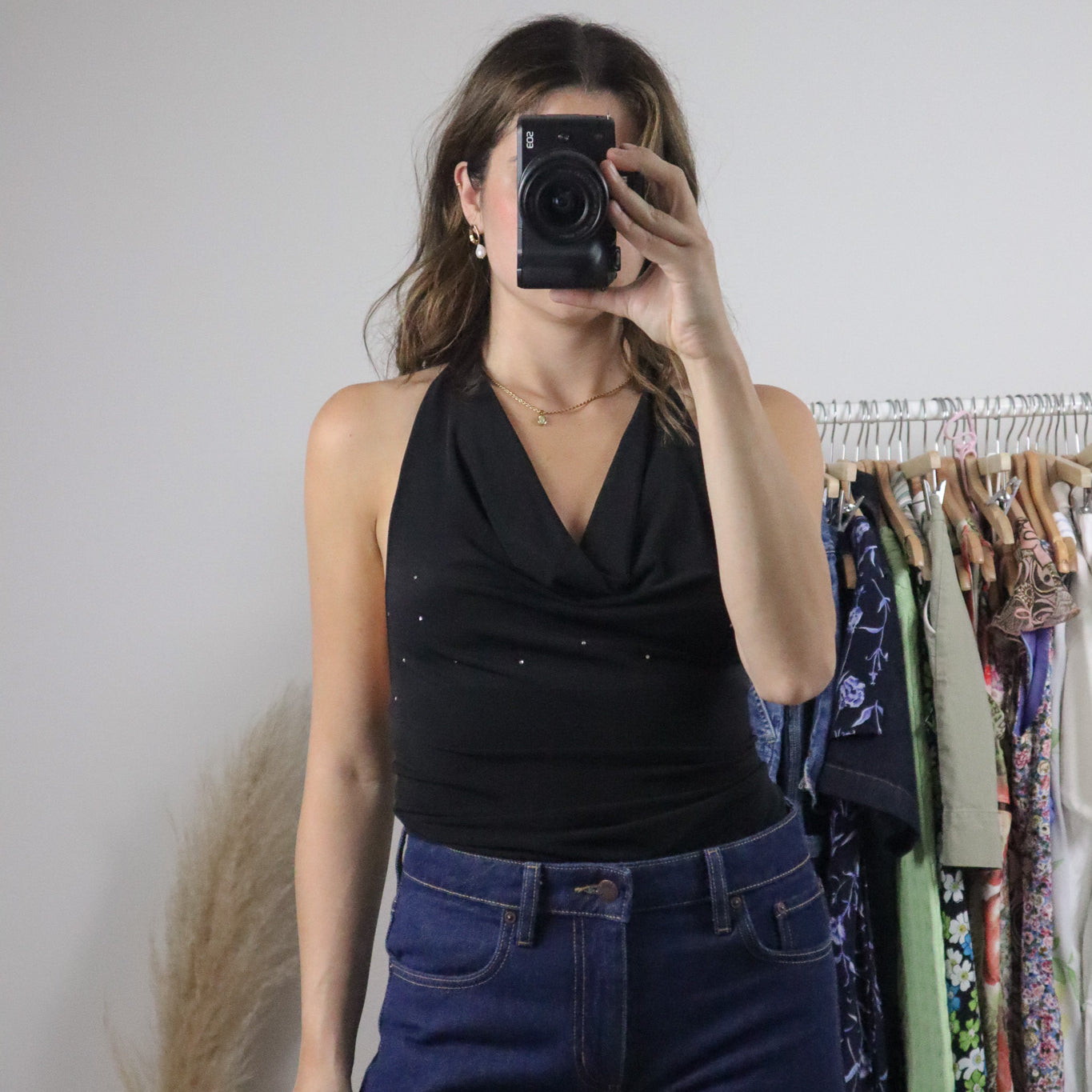 Made in Canada x Vintage x Rhinestone Halter Cowl Neck Tank (S)