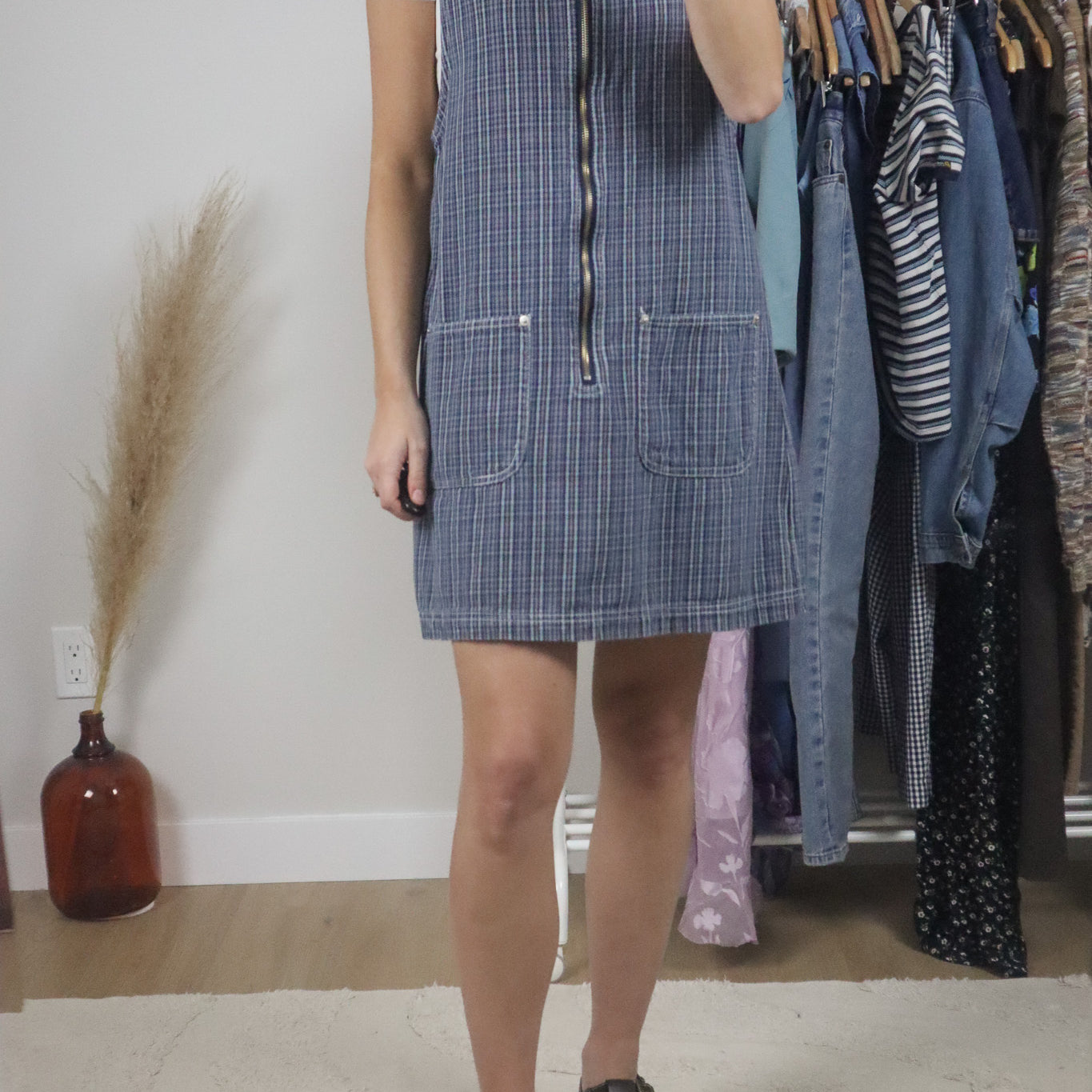 Vintage x Cotton Plaid Overall Dress (M)