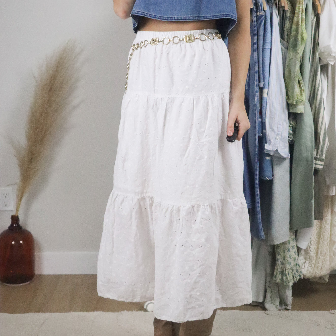 Vintage x Cotton Eyelet Tiered Maxi Skirt (L/XL)