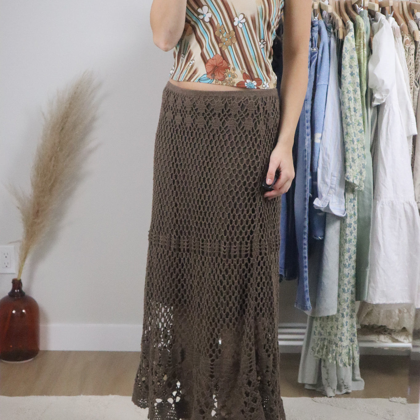 Vintage x Crochet Cotton/Linen Maxi Skirt (M)