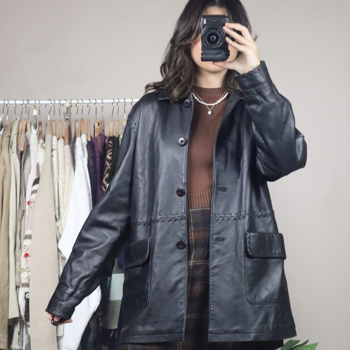 Vintage x Leather Jacket With Stitching (S/M)