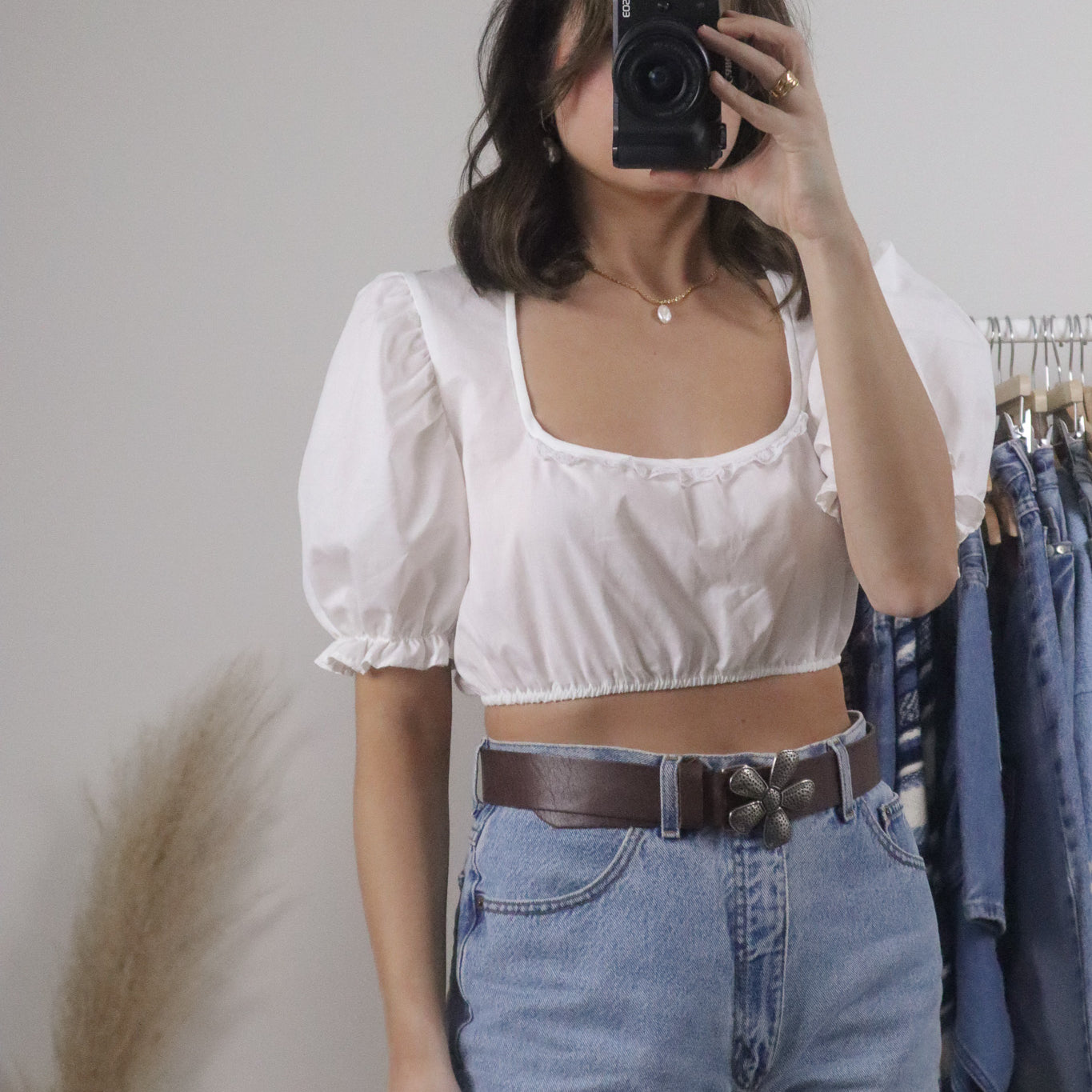 Vintage x Cropped Lace Trim Puff Sleeve Blouse (S)