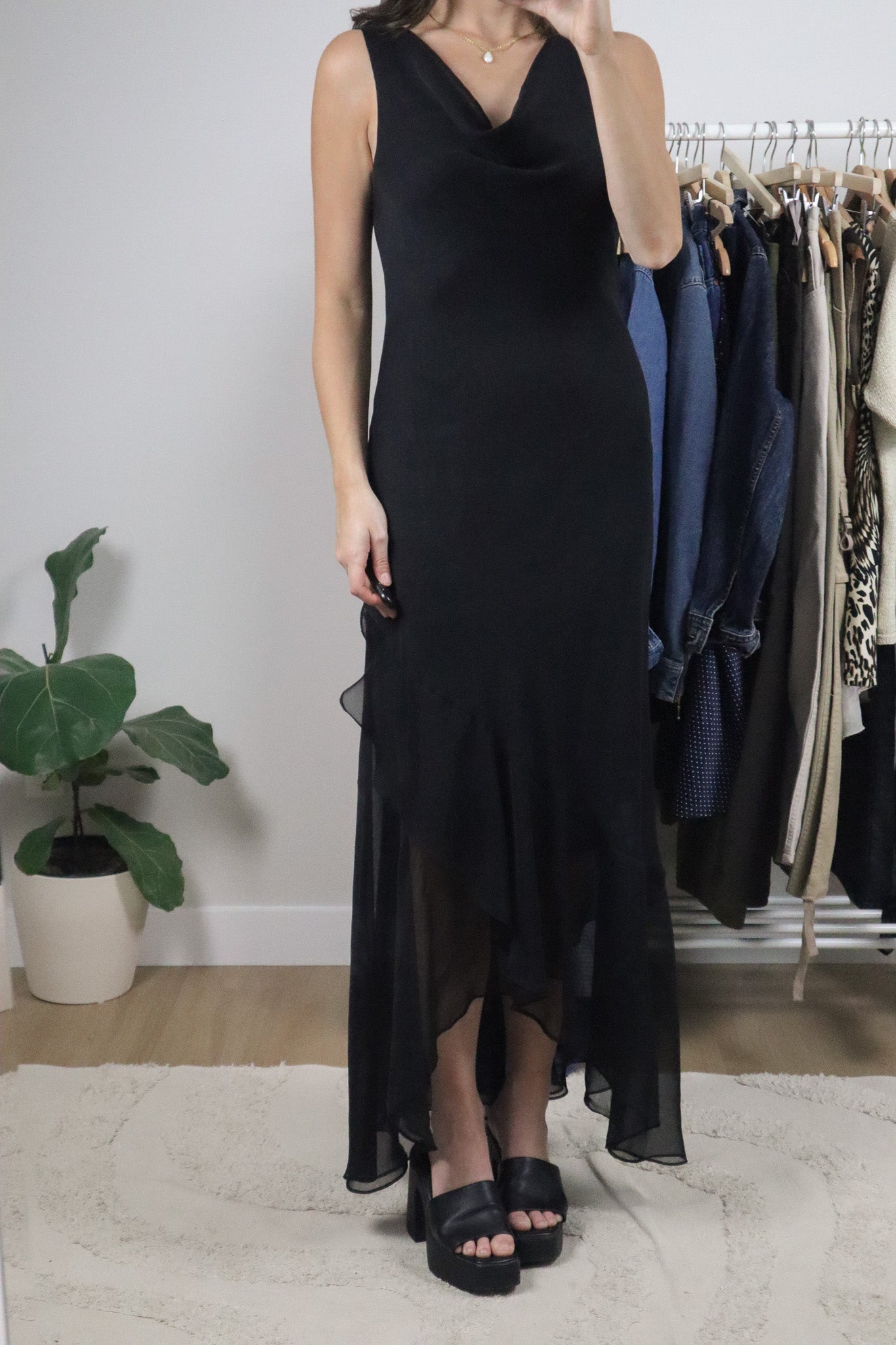 Vintage x Mesh Cowl Neck Asymmetrical Maxi Dress (6/8)